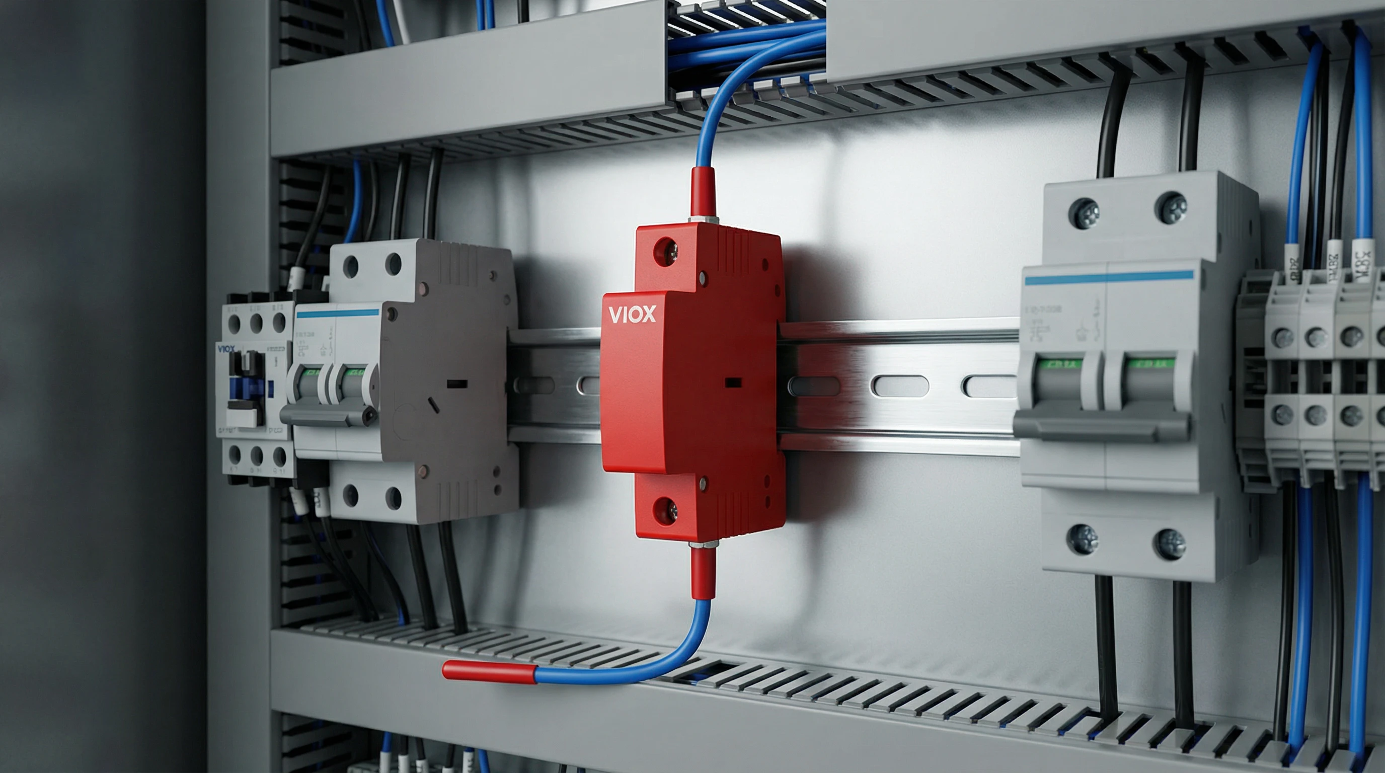 Estintore aerosol per guida DIN VIOX QRR0.01G/S montato su guida DIN da 35 mm all'interno dell'armadio elettrico, che mostra l'alloggiamento rosso compatto da 18 mm con logo VIOX, cavi della sonda termica e installazione industriale professionale accanto a interruttori automatici e componenti di controllo
