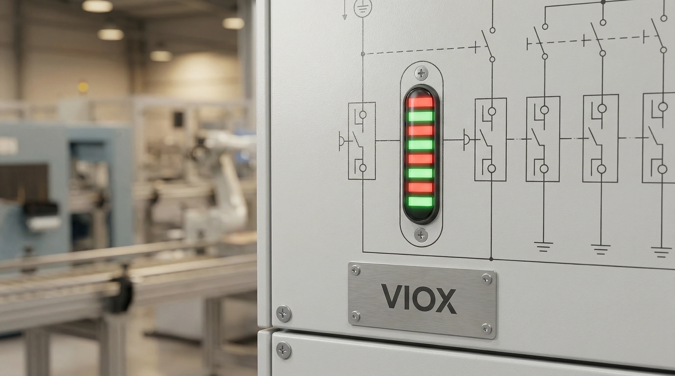 Đèn báo semaphore VIOX được gắn trên sơ đồ mô phỏng tủ điều khiển