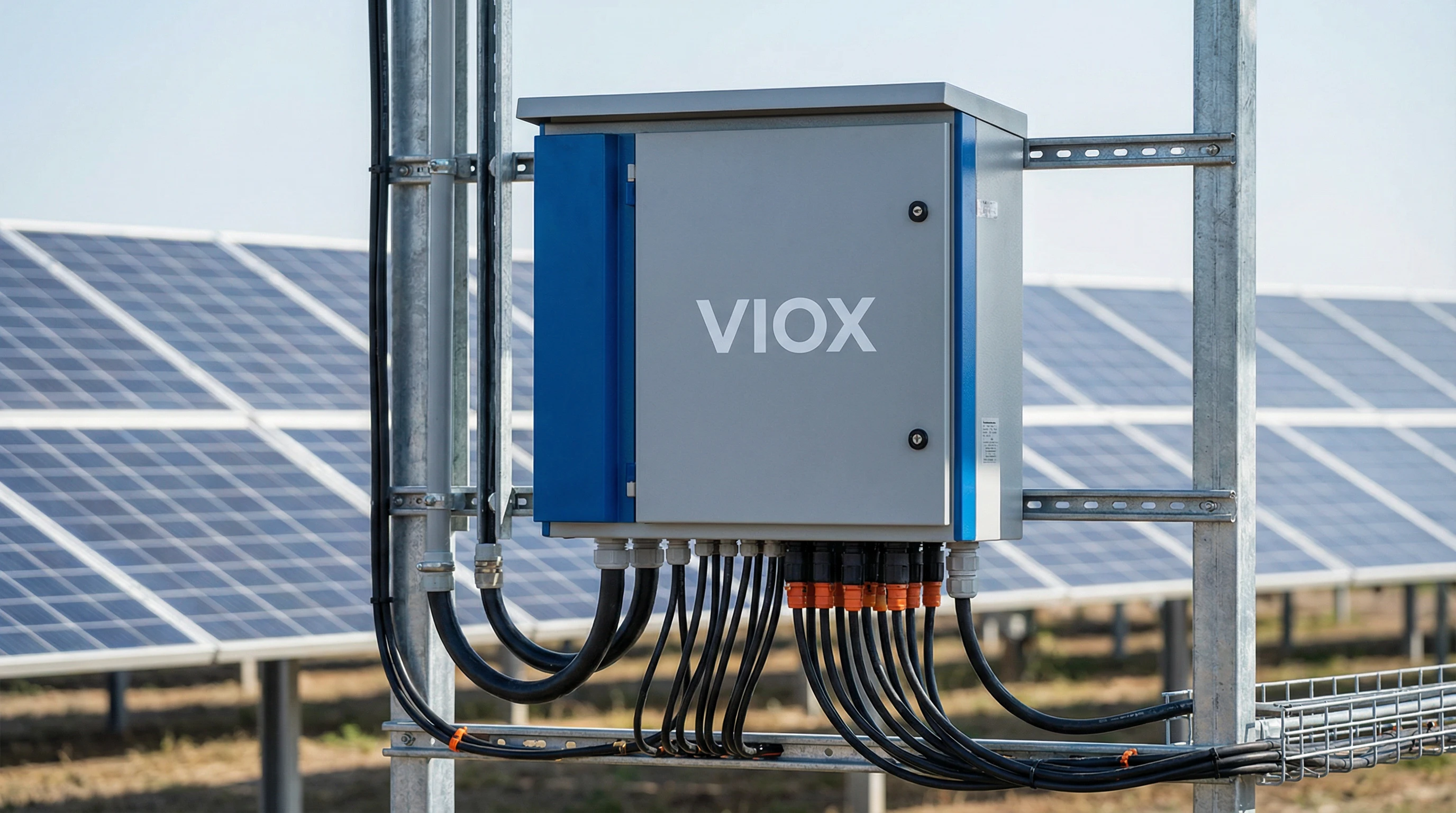 ការដំឡើងប្រអប់បញ្ចូលគ្នា VIOX ជាមួយឧបករណ៍ការពារ DC ដែលបានម៉ោននៅលើប្រព័ន្ធទ្រទ្រង់បន្ទះ PV ដែលបង្ហាញពីការផ្តាច់ DC photovoltaic ប្រកបដោយវិជ្ជាជីវៈ និងការការពារចរន្តលើស