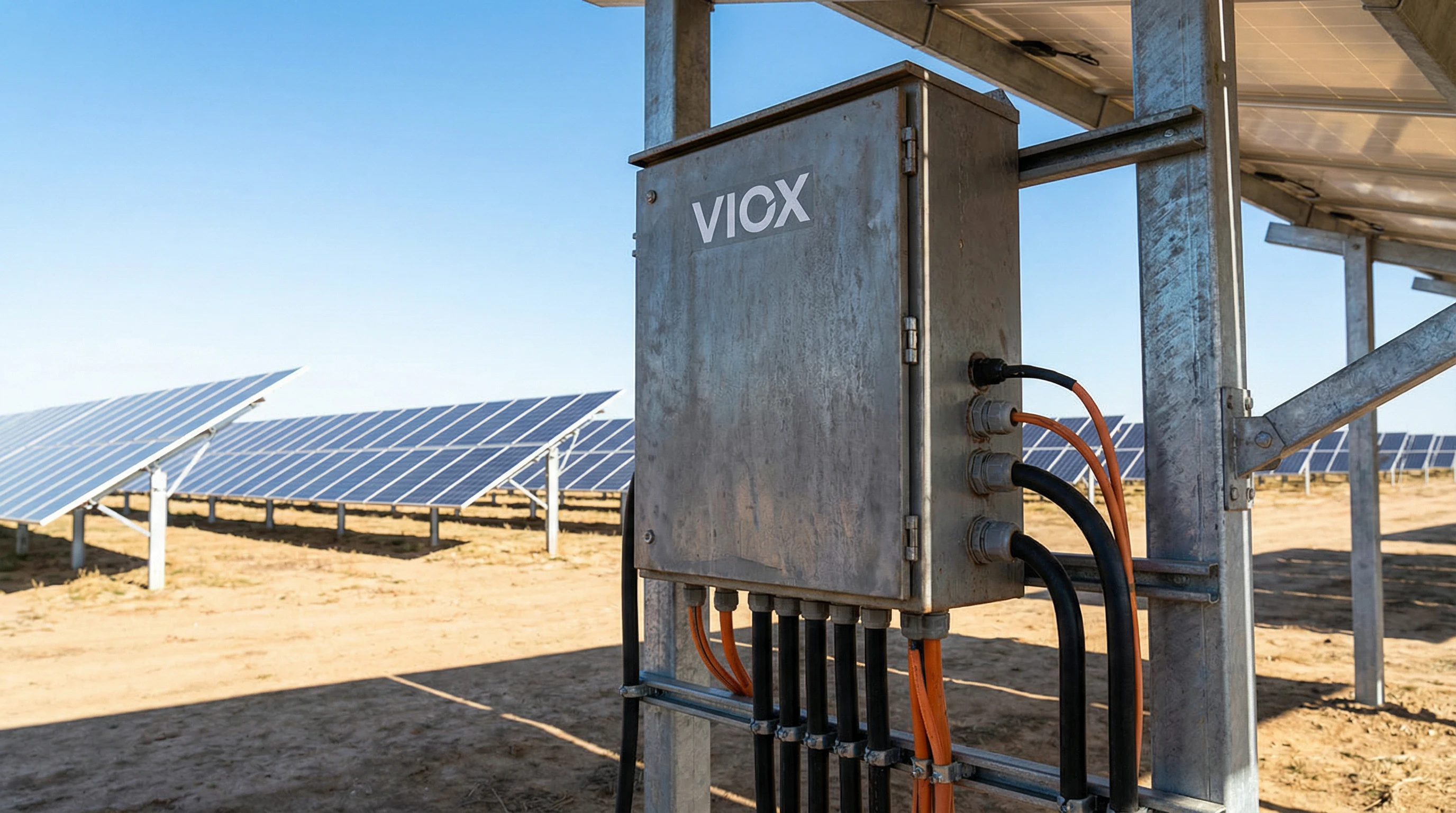 Skrzynka przyłączeniowa VIOX zainstalowana w komercyjnej farmie fotowoltaicznej z wieloma wejściami szeregowymi, zewnętrzna, odporna na warunki atmosferyczne obudowa zamontowana w pobliżu paneli fotowoltaicznych, pokazująca możliwość rozbudowy dla przyszłego rozwoju systemu fotowoltaicznego