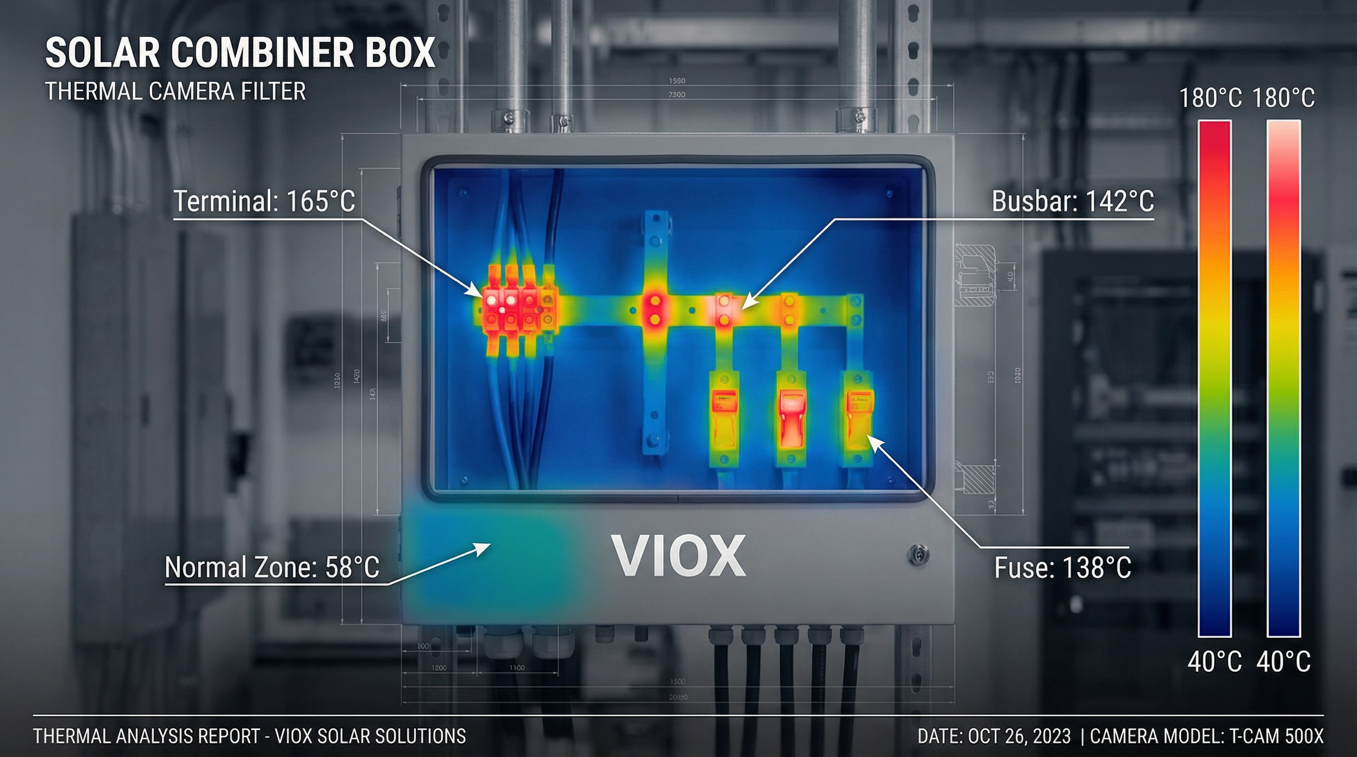 التصوير الحراري لصندوق تجميع الطاقة الشمسية VIOX يوضح النقاط الساخنة التي ترتفع درجة حرارتها مع تدرج في درجة الحرارة من 40 درجة مئوية إلى 180 درجة مئوية عند الوصلات الطرفية وتقاطعات القضبان الموصلة