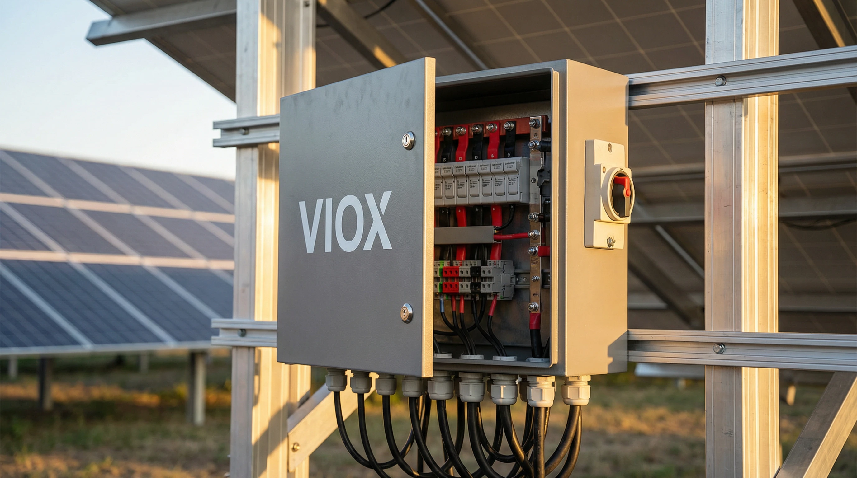 صندوق تجميع VIOX الشمسي مع المصهرات وفاصل التيار المستمر المثبت على نظام تركيب الخلايا الكهروضوئية يظهر حماية صناعية من التيار الزائد لتطبيقات الخلايا الكهروضوئية