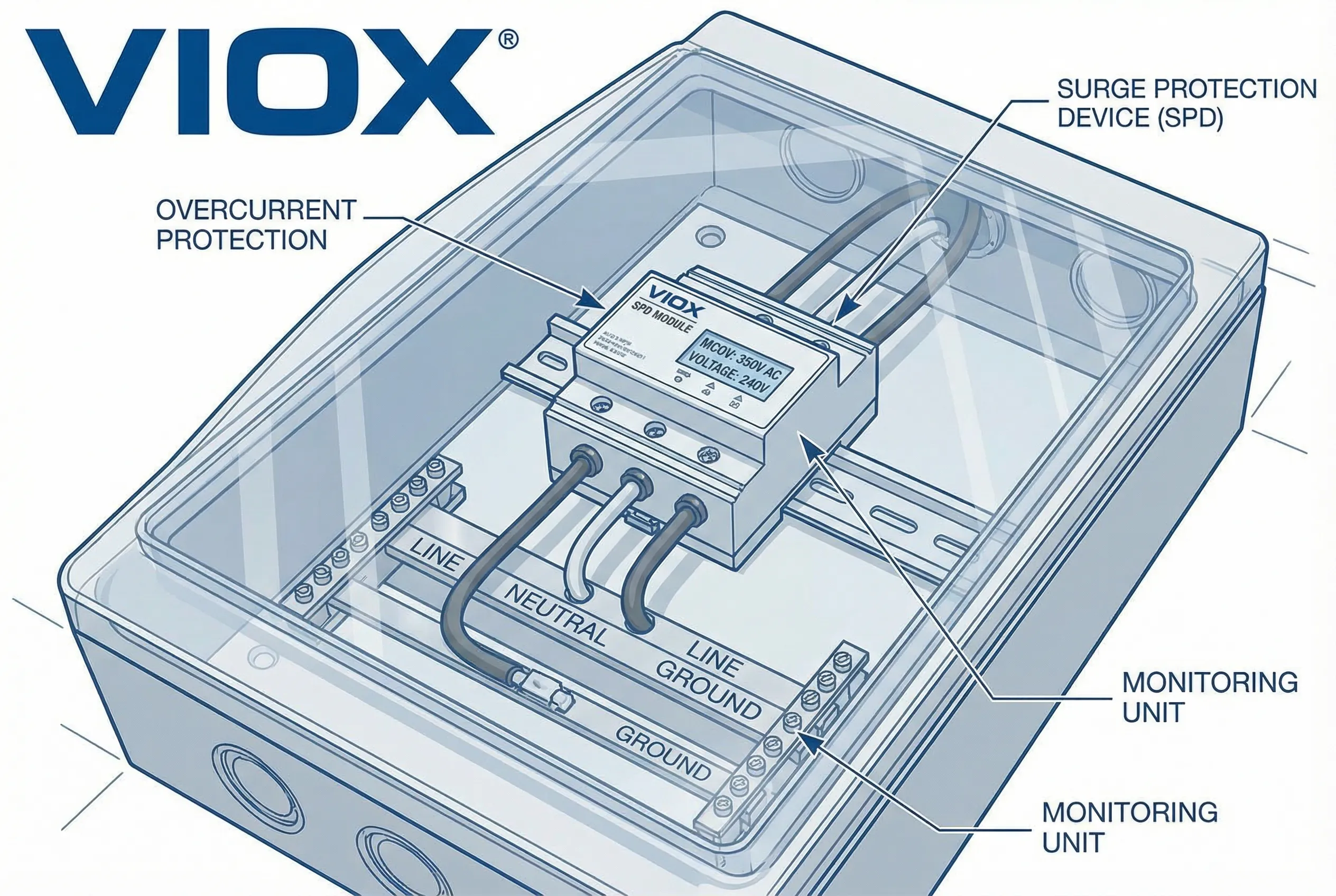 Διάγραμμα εγκατάστασης VIOX SPD με προδιαγραφές MCOV