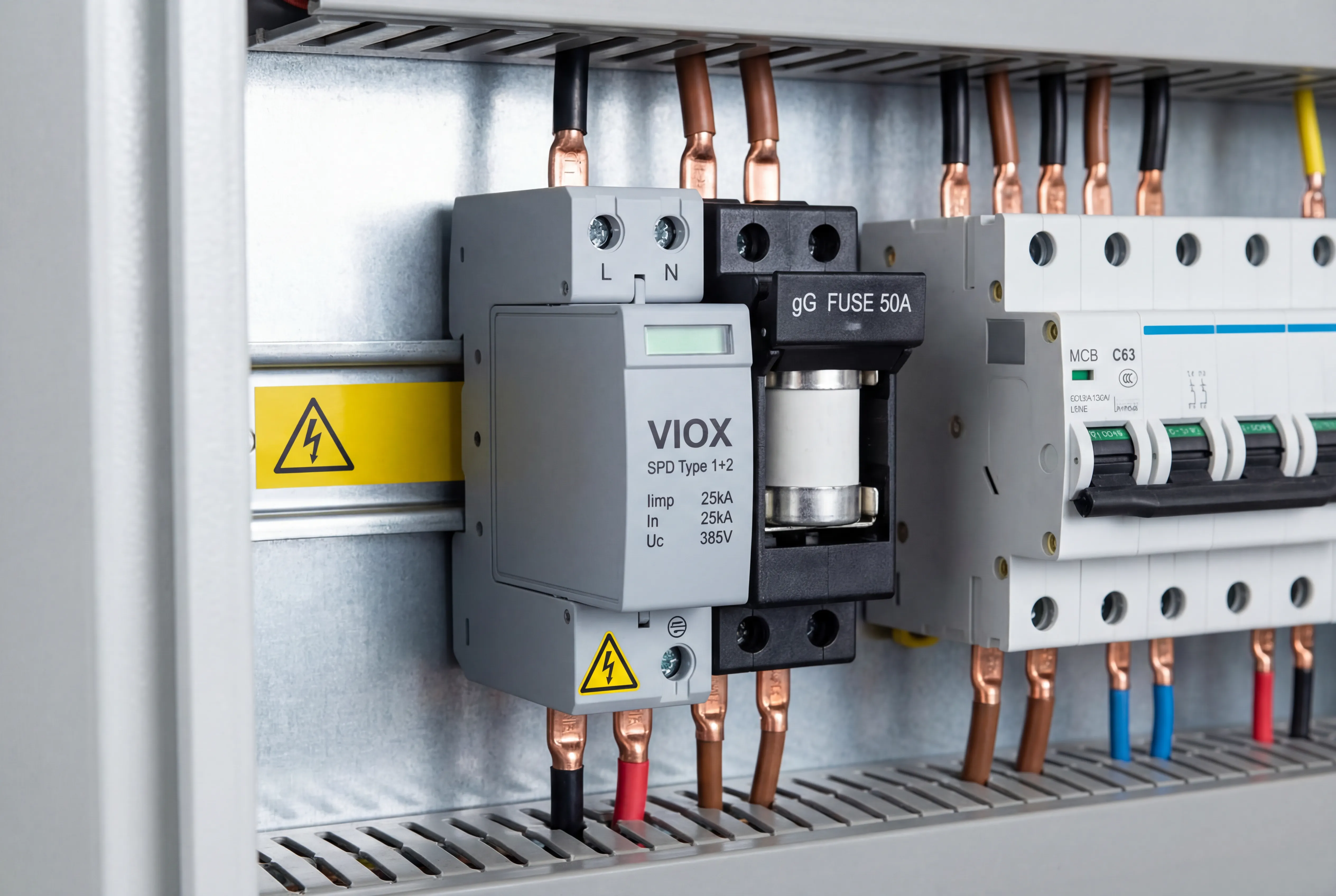 VIOX SPD με αποκλειστική ασφάλεια τύπου gG και αυτόματο διακόπτη που δείχνει την σωστή εγκατάσταση εφεδρικής προστασίας σε ράγα DIN
