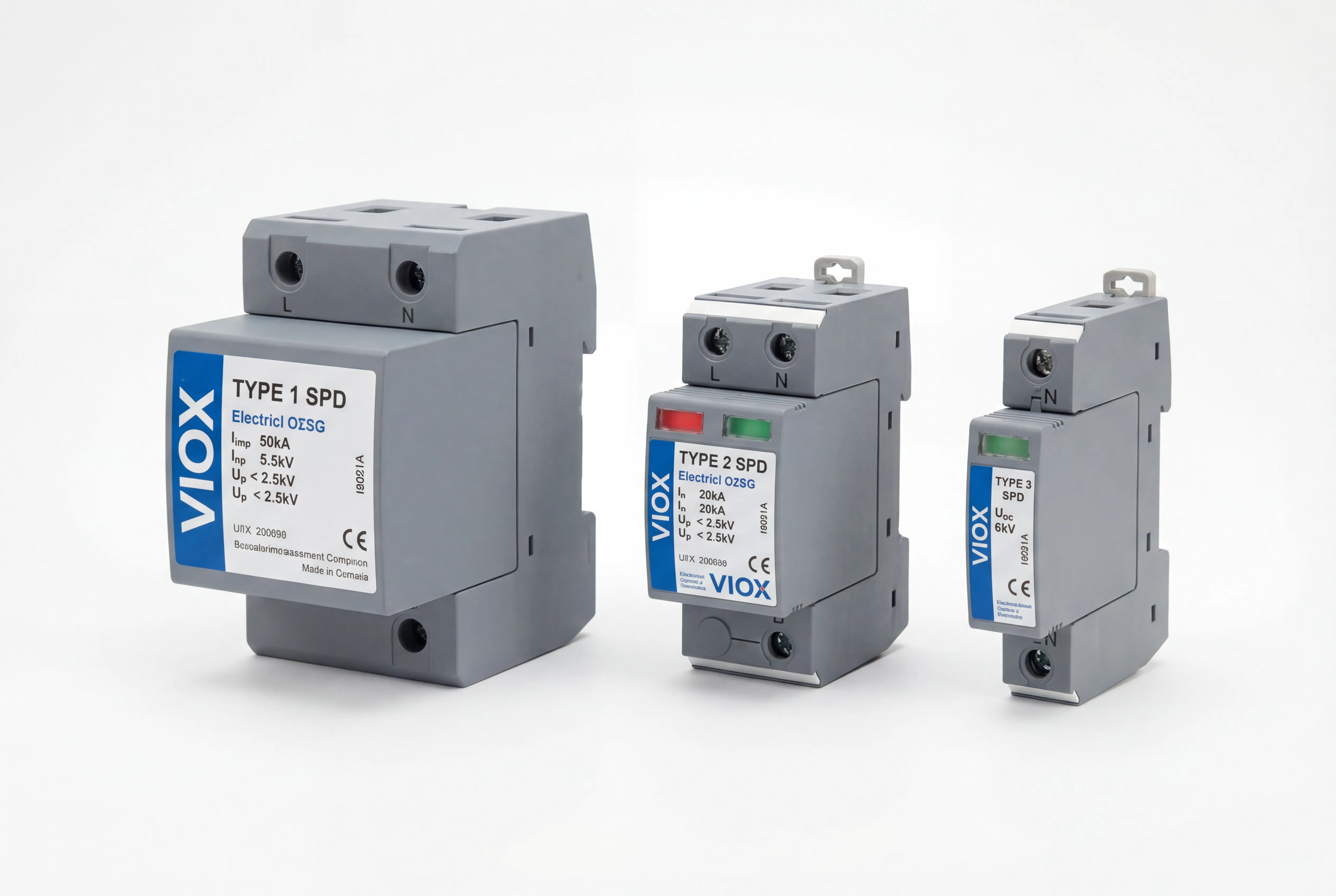 Keluarga produk perangkat pelindung lonjakan arus VIOX yang menunjukkan SPD Tipe 1, Tipe 2, dan Tipe 3 dengan spesifikasi teknis dan pemasangan rel DIN