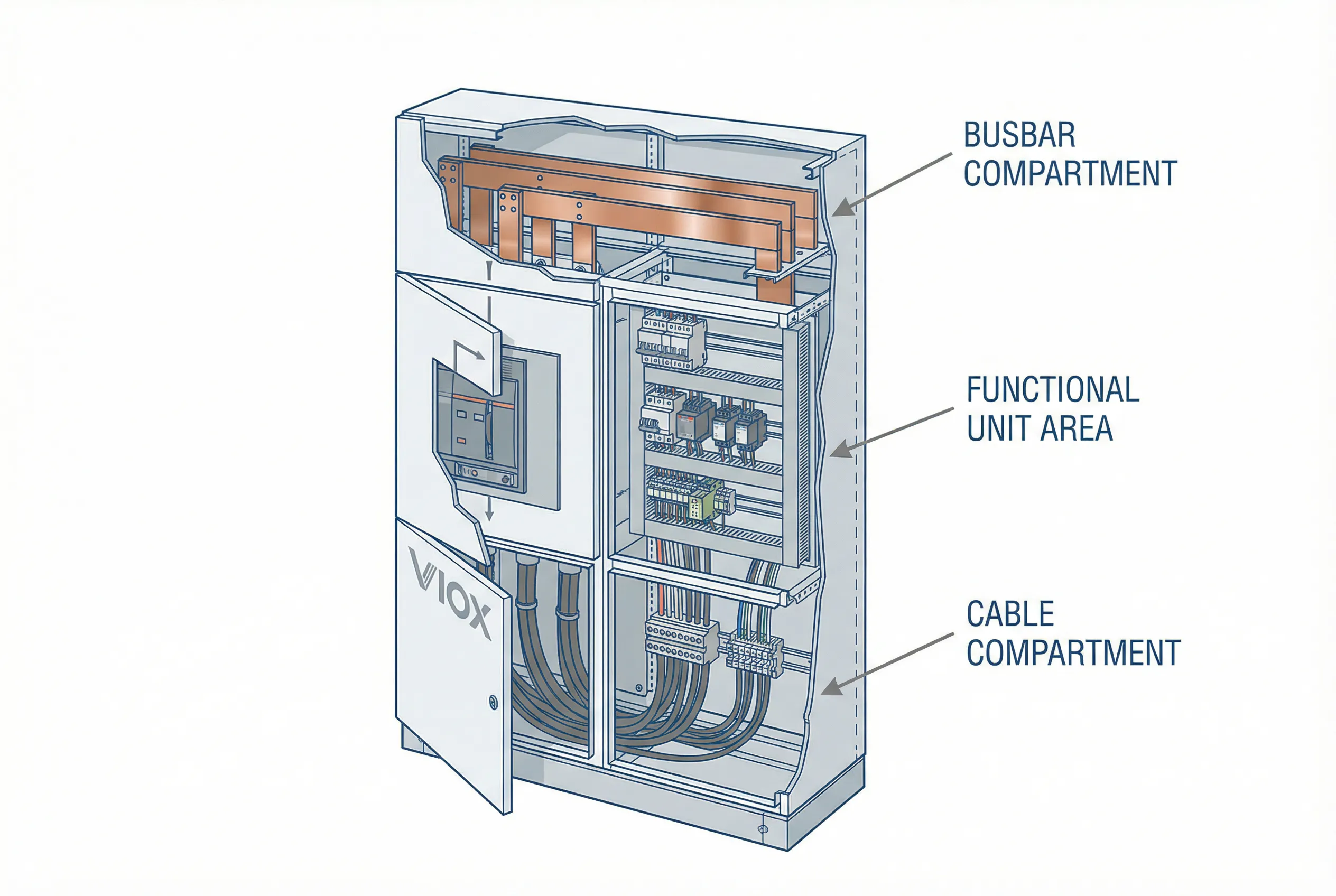 অভ্যন্তরীণ বাসবার, কার্যকরী ইউনিট এবং কেবল কম্পার্টমেন্ট দেখিয়ে VIOX প্রযুক্তিগত কাটওয়ে