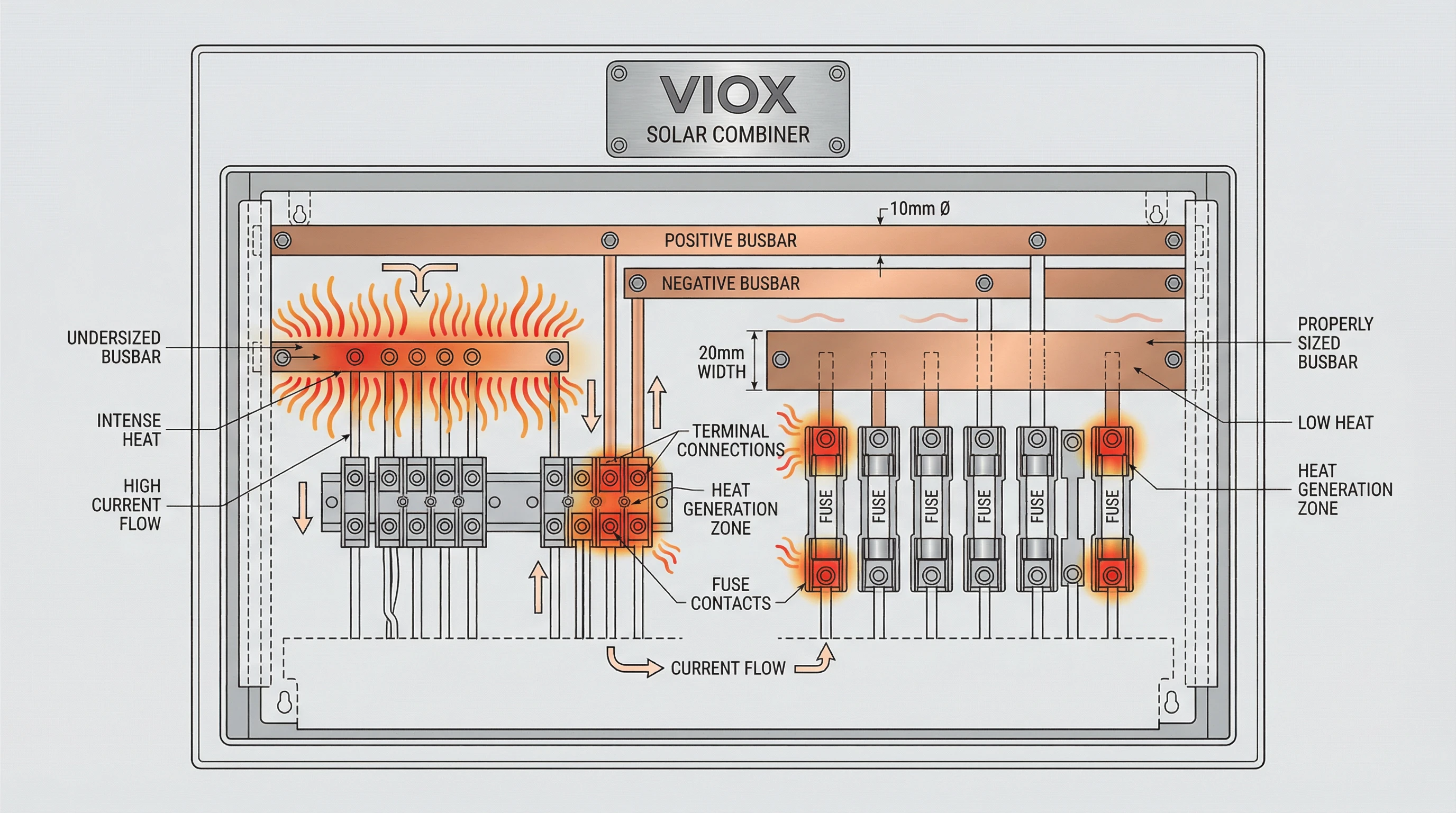 رسم تخطيطي فني مقطعي من VIOX لصندوق تجميع الطاقة الشمسية يوضح نقاط توليد الحرارة في القضبان الموصلة ذات الحجم غير الكافي مقابل القضبان الموصلة ذات الحجم المناسب، والأطراف، وملامسات الصمامات مع التحليل الحراري