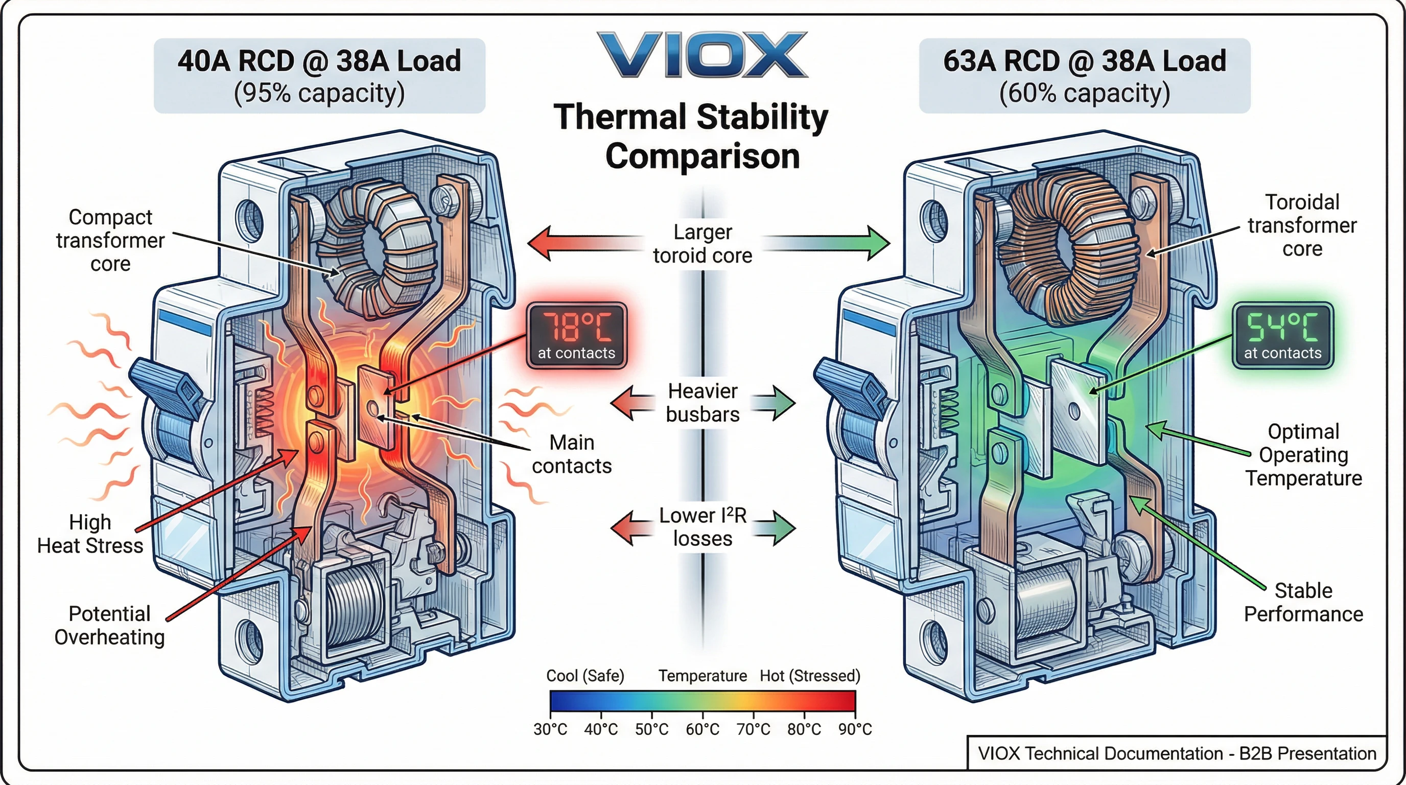 Техническая диаграмма VIOX, сравнивающая тепловые характеристики УЗО 40A и 63A при идентичной нагрузке 38A, показывающая разницу температур, виды внутренних компонентов в разрезе и зоны термической стабильности с цветовой кодировкой тепловой карты.