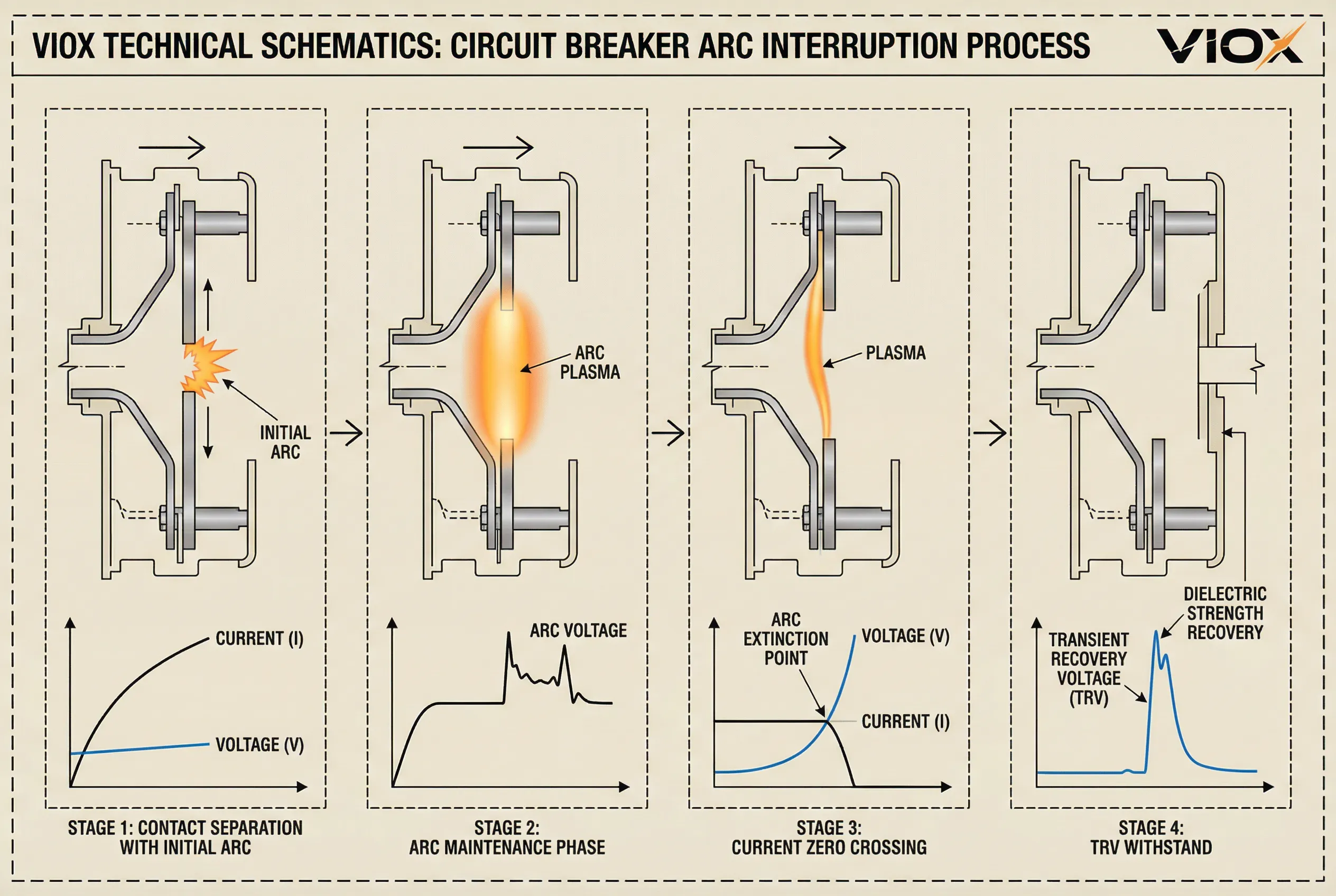 Diagrama técnico de VIOX que muestra las cuatro etapas del proceso de interrupción del arco del interruptor automático