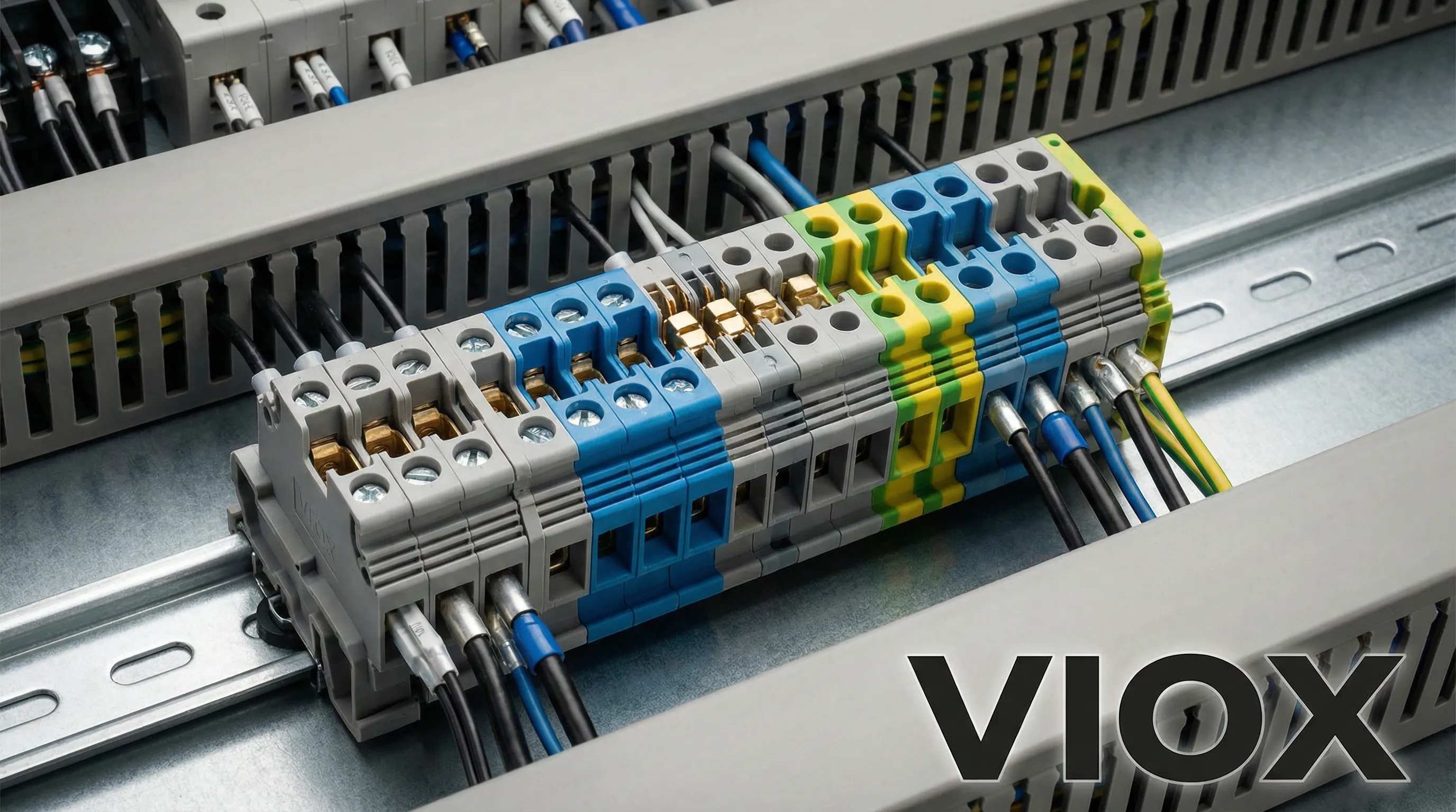 ប្លុកស្ថានីយ VIOX ដែលបានម៉ោននៅលើផ្លូវដែក DIN នៅក្នុងបន្ទះត្រួតពិនិត្យឧស្សាហកម្ម