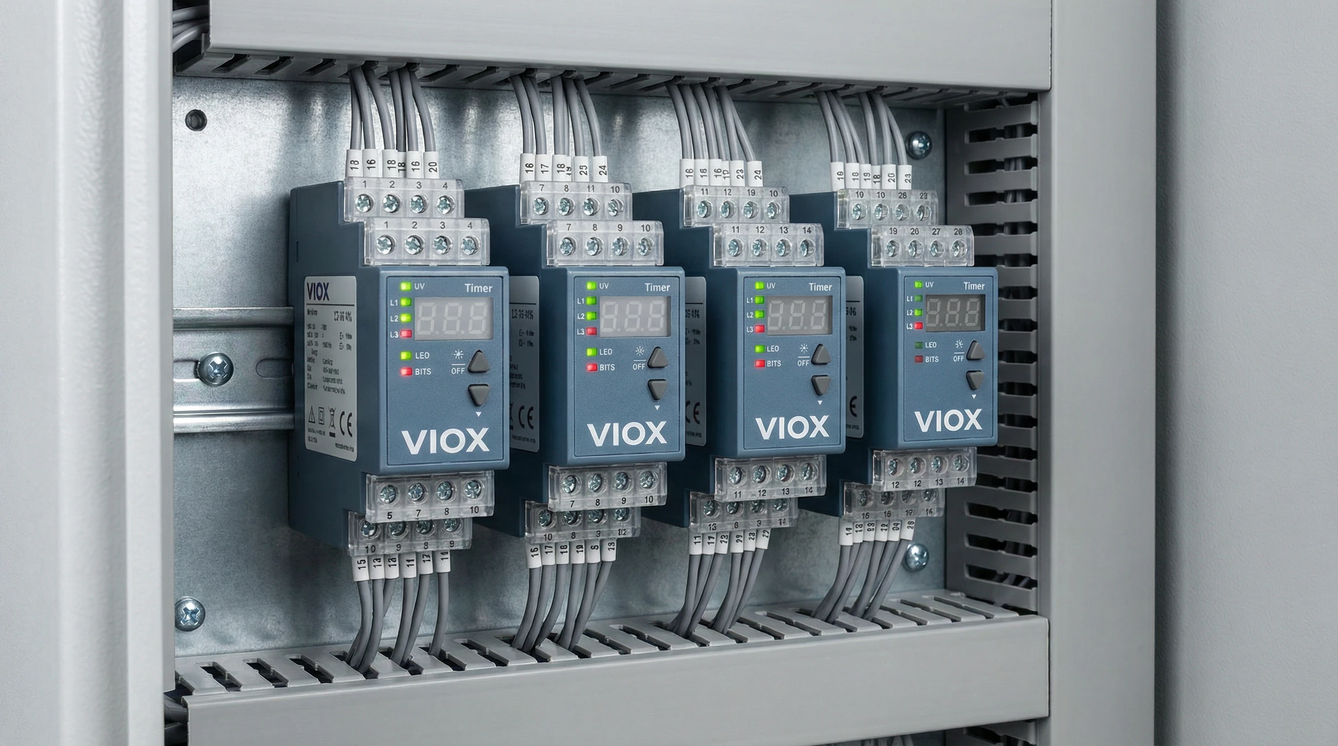 Bank przekaźników czasowych VIOX zamontowany na szynie DIN w szafie sterowniczej do przełączania obwodów sterowania automatyką przemysłową