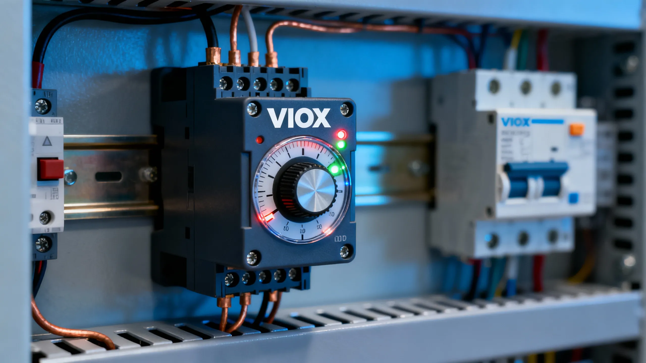 VIOX timer relay mounted on DIN rail in industrial control panel showing timing adjustment dial and LED indicators