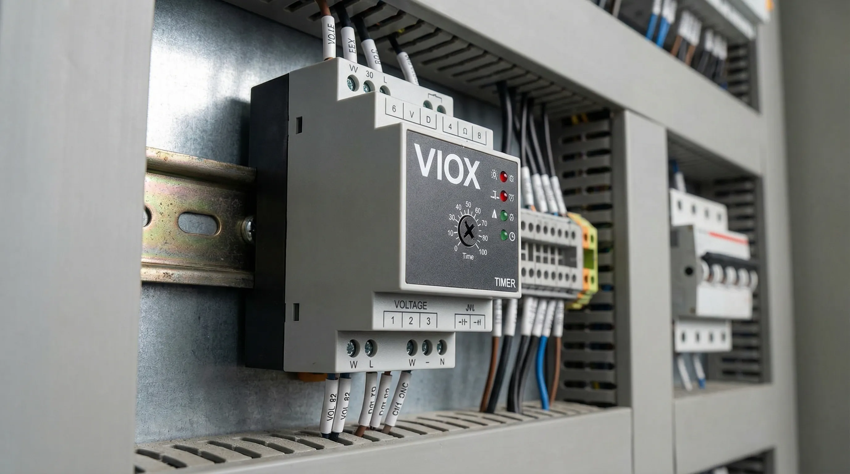 VIOX timer relay mounted on DIN rail in industrial control panel with LED indicators and voltage adjustment dial, professional product photography