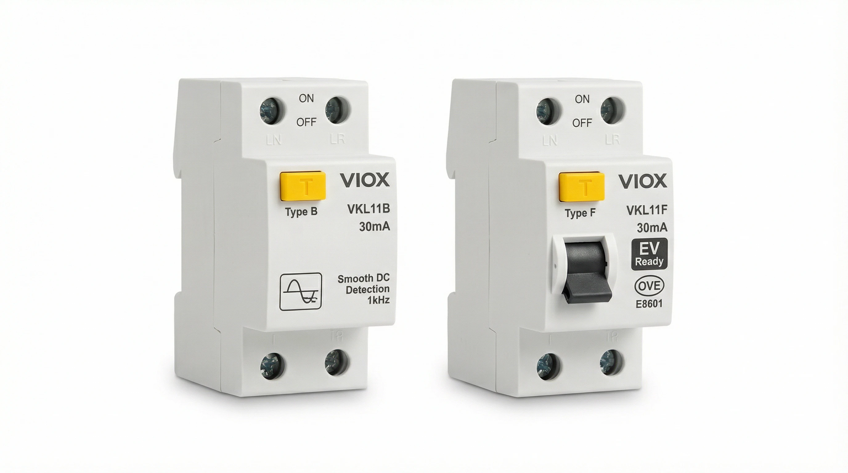 VIOX B型VKL11BとF型VKL11F RCCBの並列比較