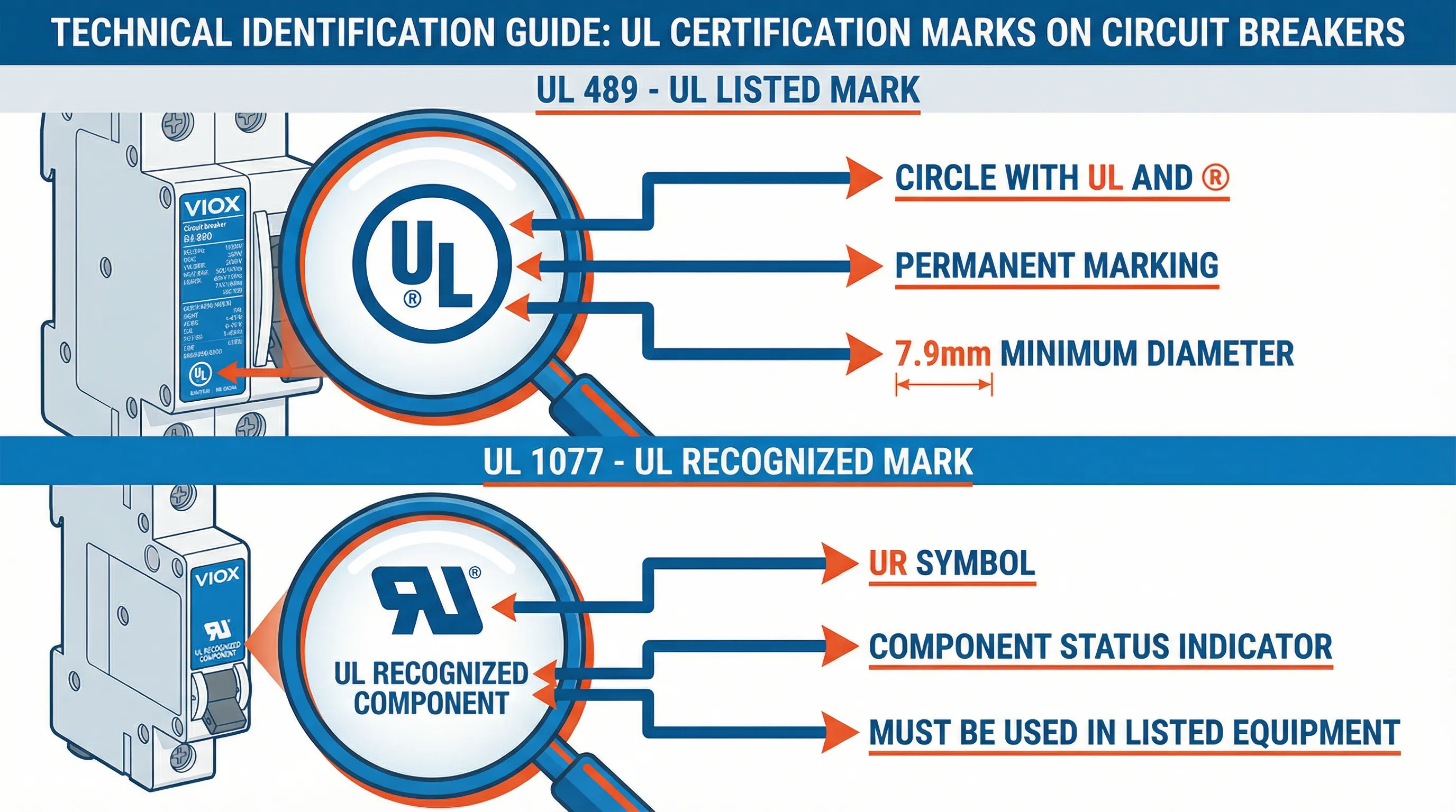 Guida all'identificazione visiva che mostra il marchio di certificazione UL Listed per gli interruttori UL 489 e il marchio di componente riconosciuto UR per i protettori UL 1077 sui dispositivi VIOX