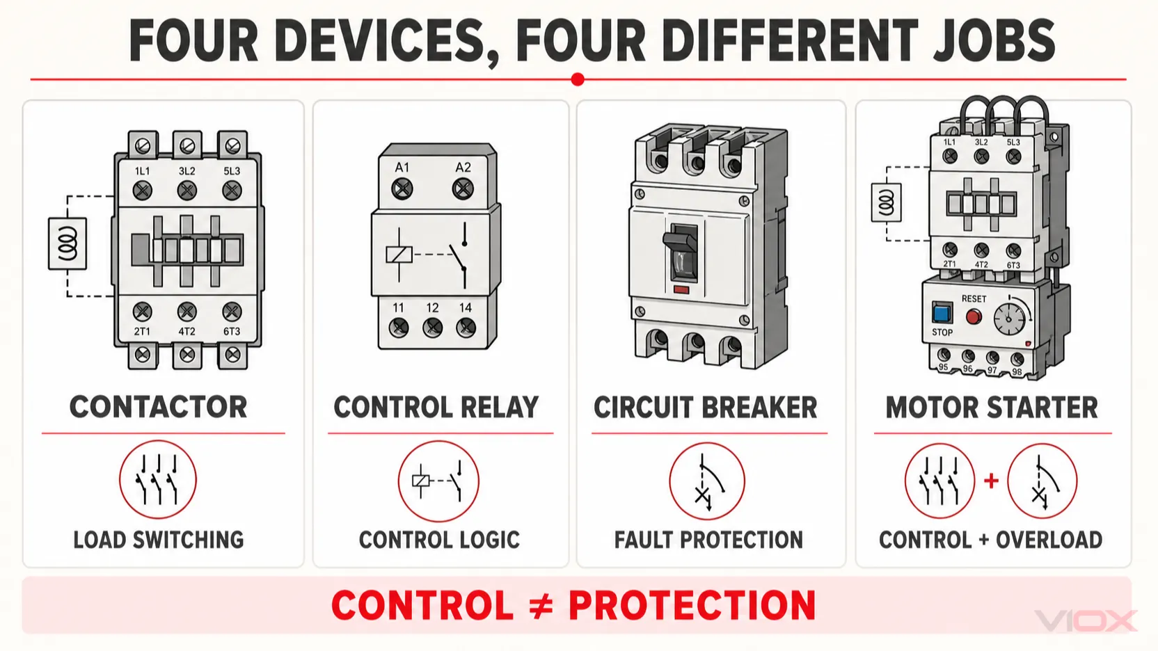 Functional comparison of a contactor, control relay, circuit breaker, and motor starter.