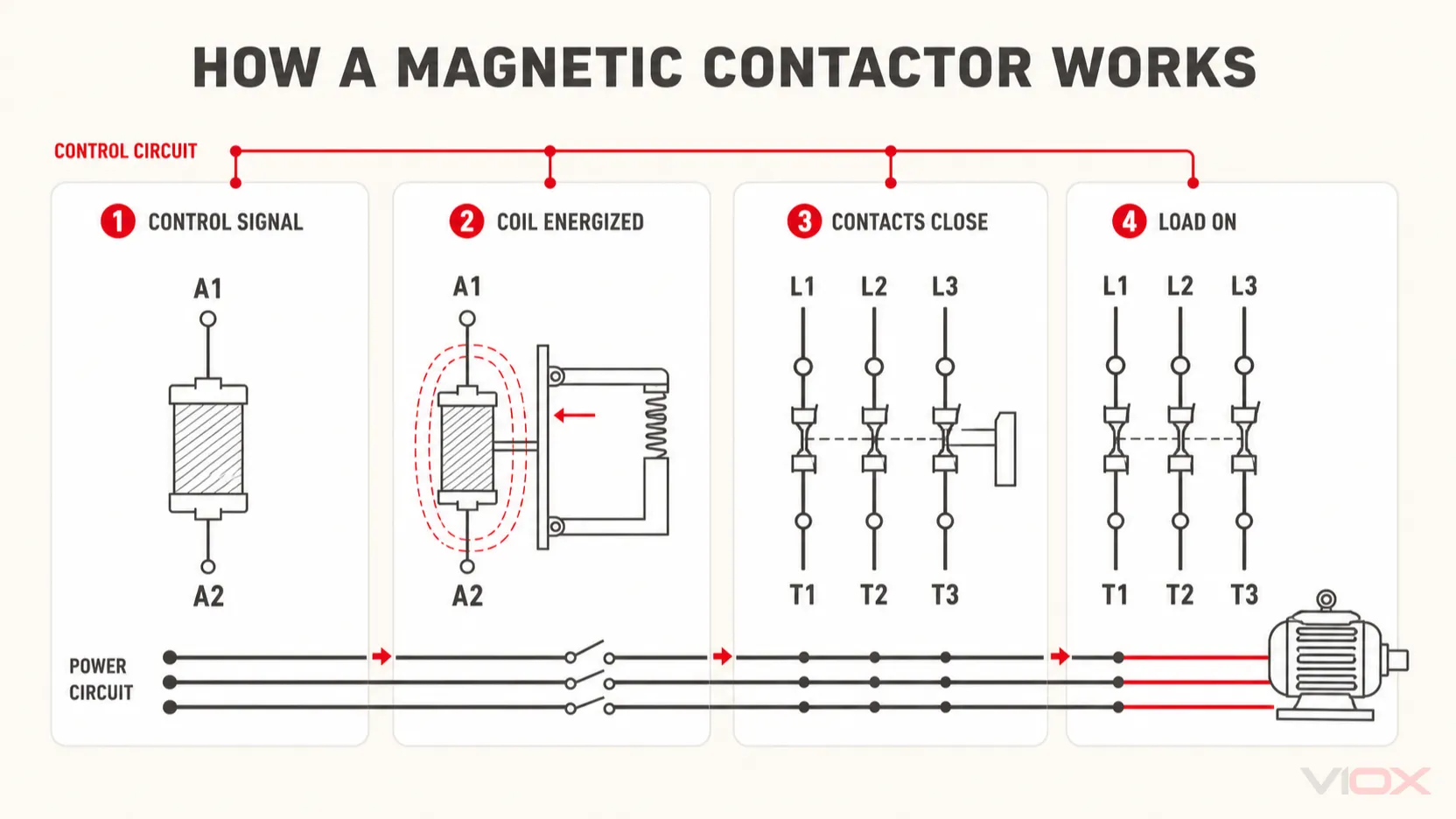 Four-step magnetic contactor operation from control signal and coil energization to contact closure and load power.