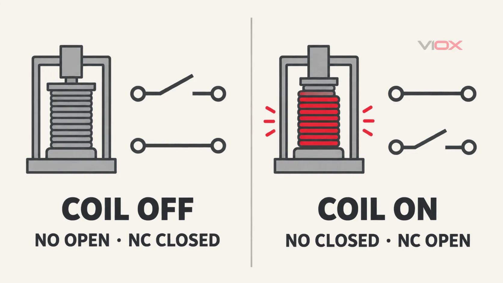 Conceptual comparison of control relay contact states with the coil off and on