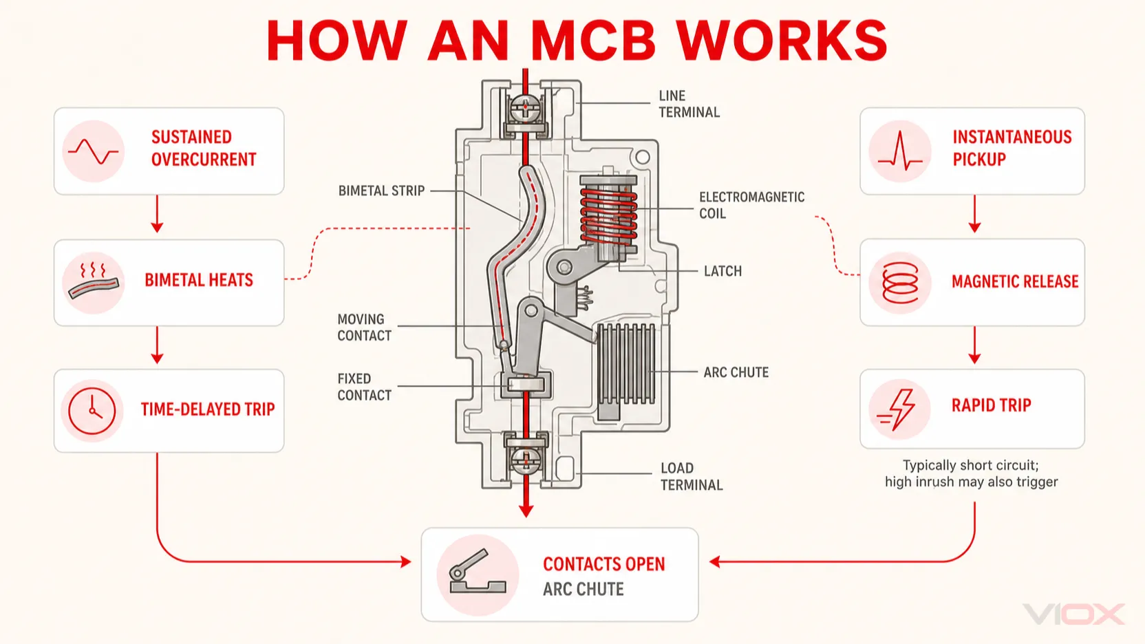 MCB thermal overload trip, instantaneous magnetic release, contacts, and arc chute