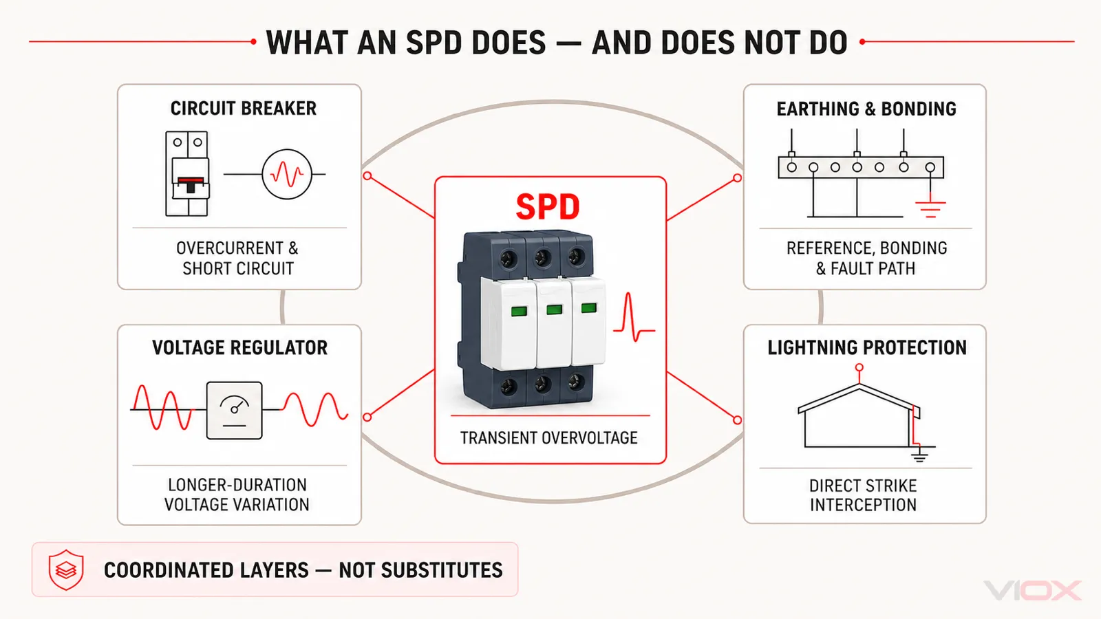 SPD protection boundaries compared with circuit breakers, earthing and bonding, voltage regulators, and lightning protection
