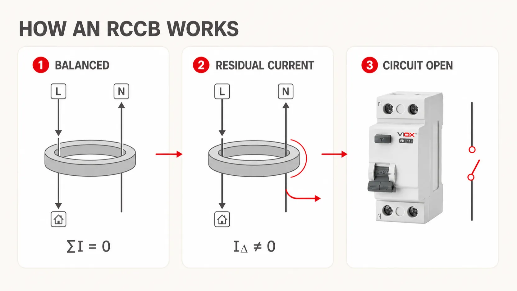 RCCB working principle showing balanced current, residual current, and circuit opening