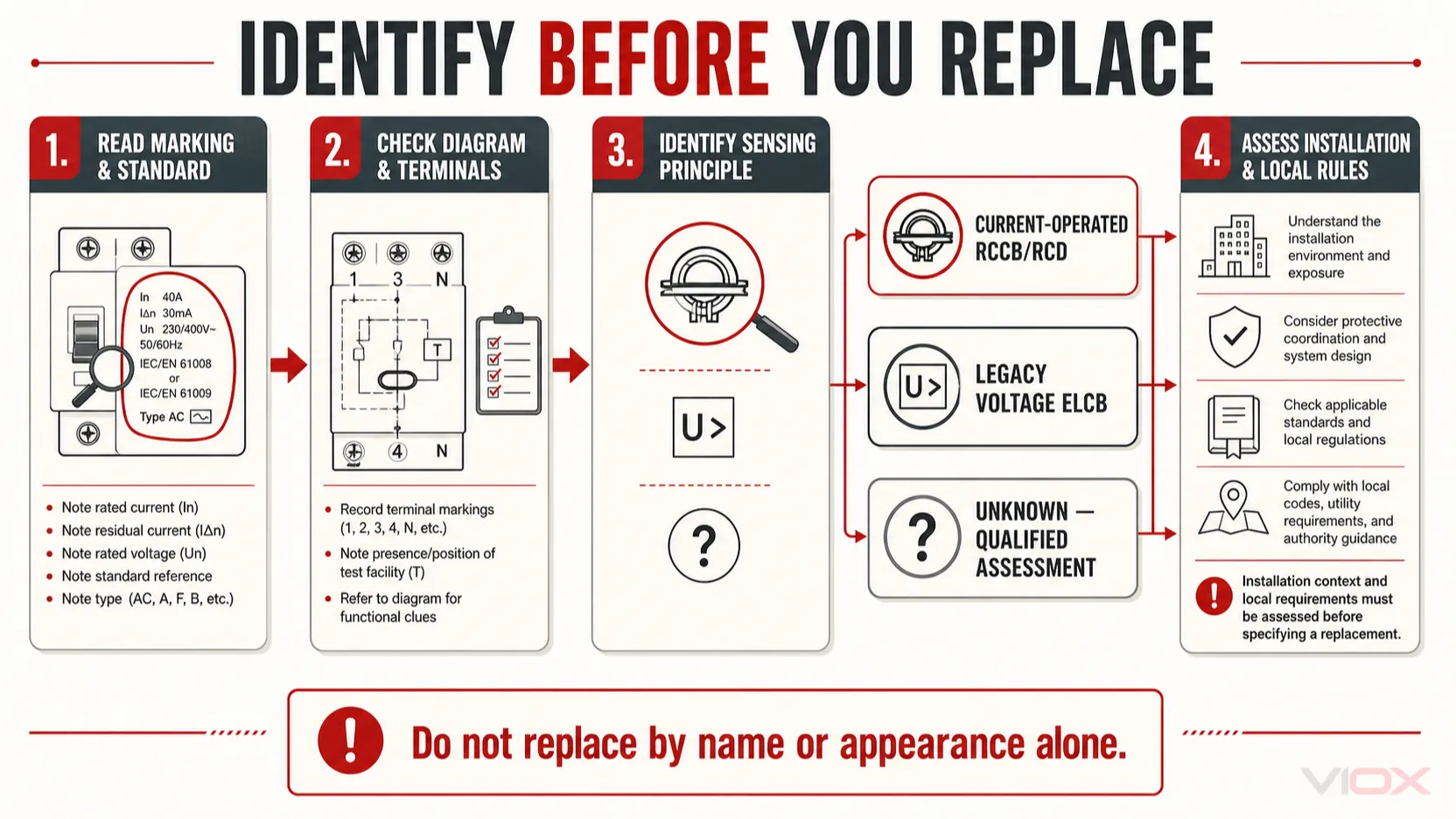 Four-stage process for identifying an RCCB or legacy voltage ELCB before specifying a replacement