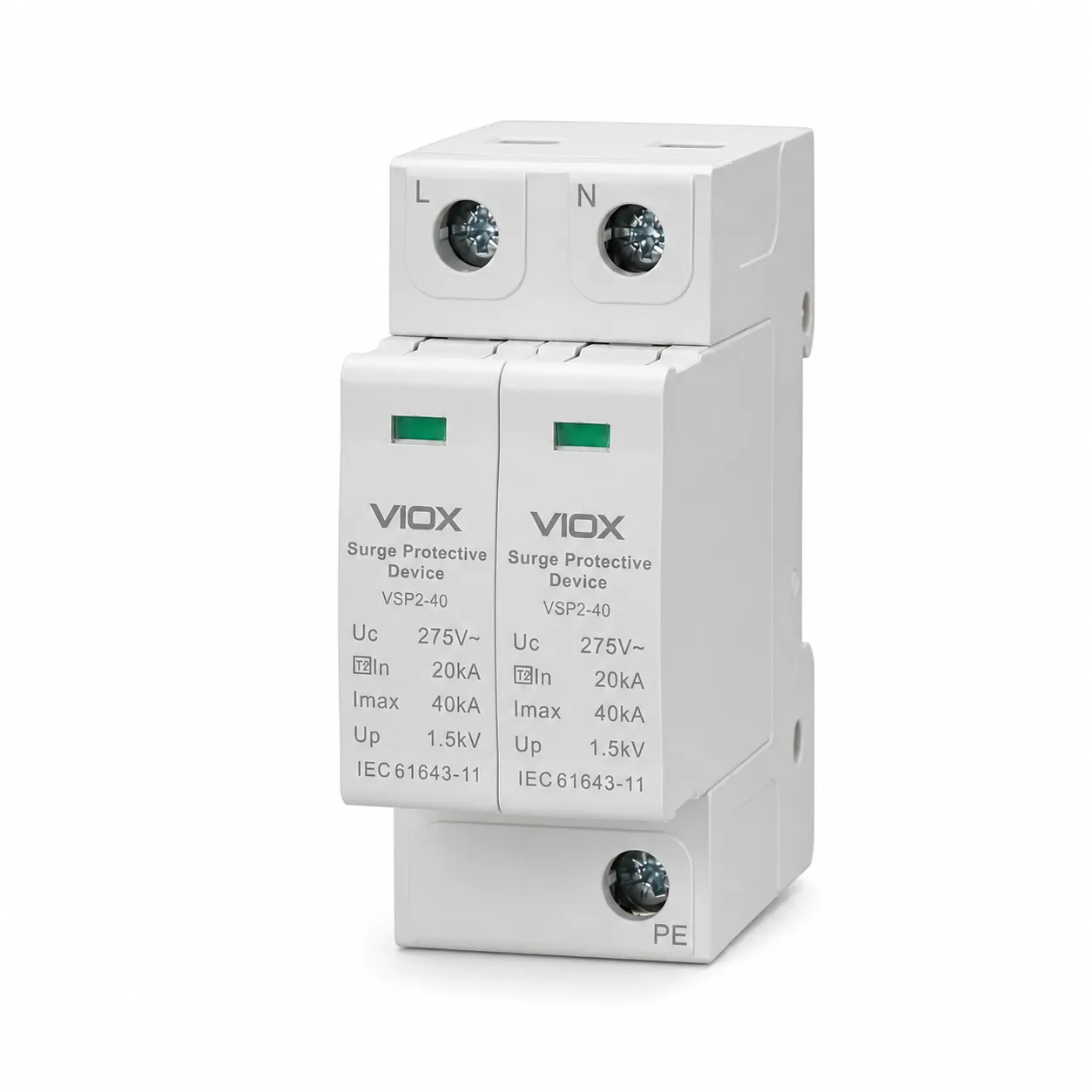 VIOX VSP2-40 နှစ်-ပို့စ် SPD ထုတ်ကုန်ဓာတ်ပုံ၊ မြင်နိုင်သော L၊ N နှင့် PE တာမီနယ် အမှတ်အသားများဖြင့်