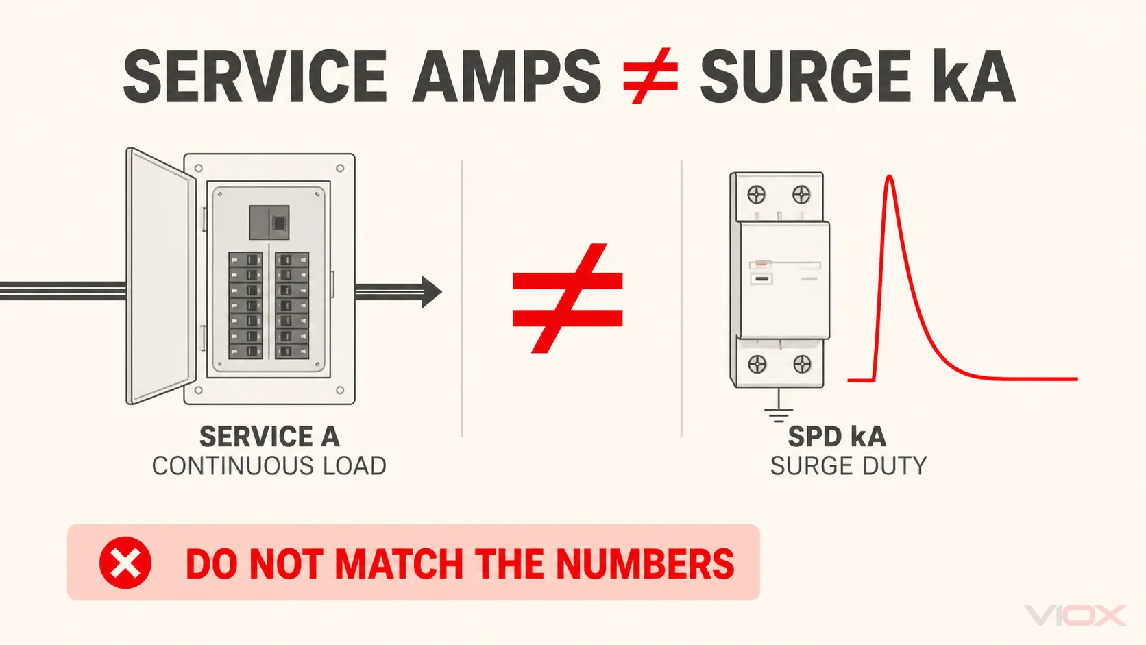 Residential service amperes versus SPD surge-current kA showing the ratings must not be matched