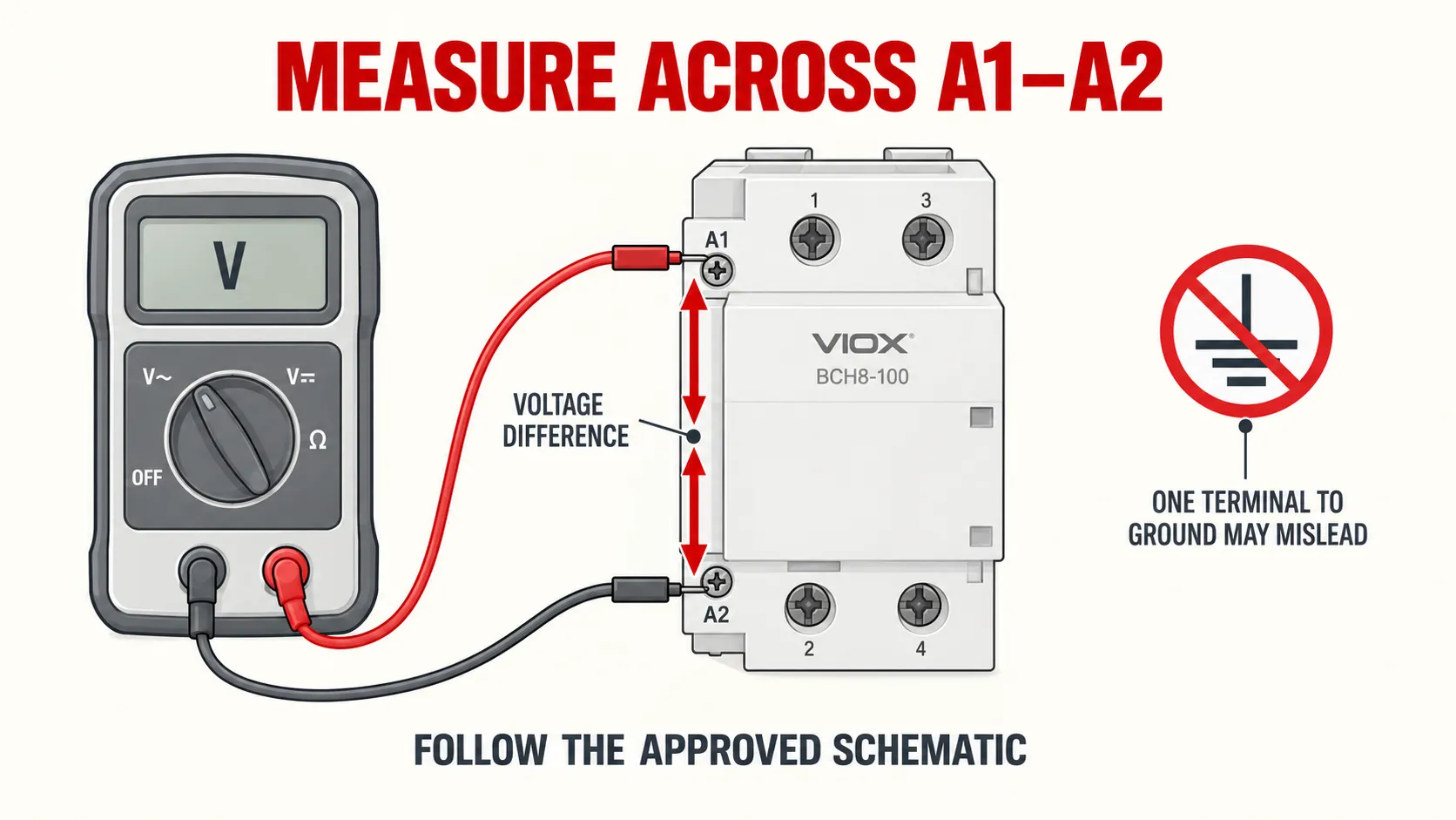 Conceptual measurement guide showing that coil voltage is checked across A1 and A2