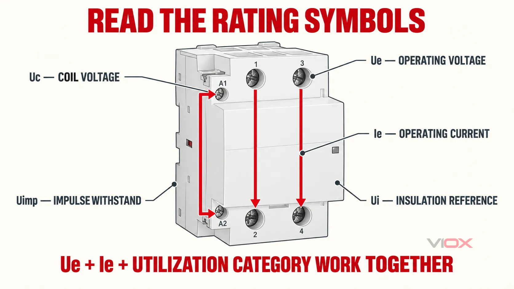 Contactor rating map showing Uc Ue Ie Ui and Uimp beside a real VIOX modular contactor