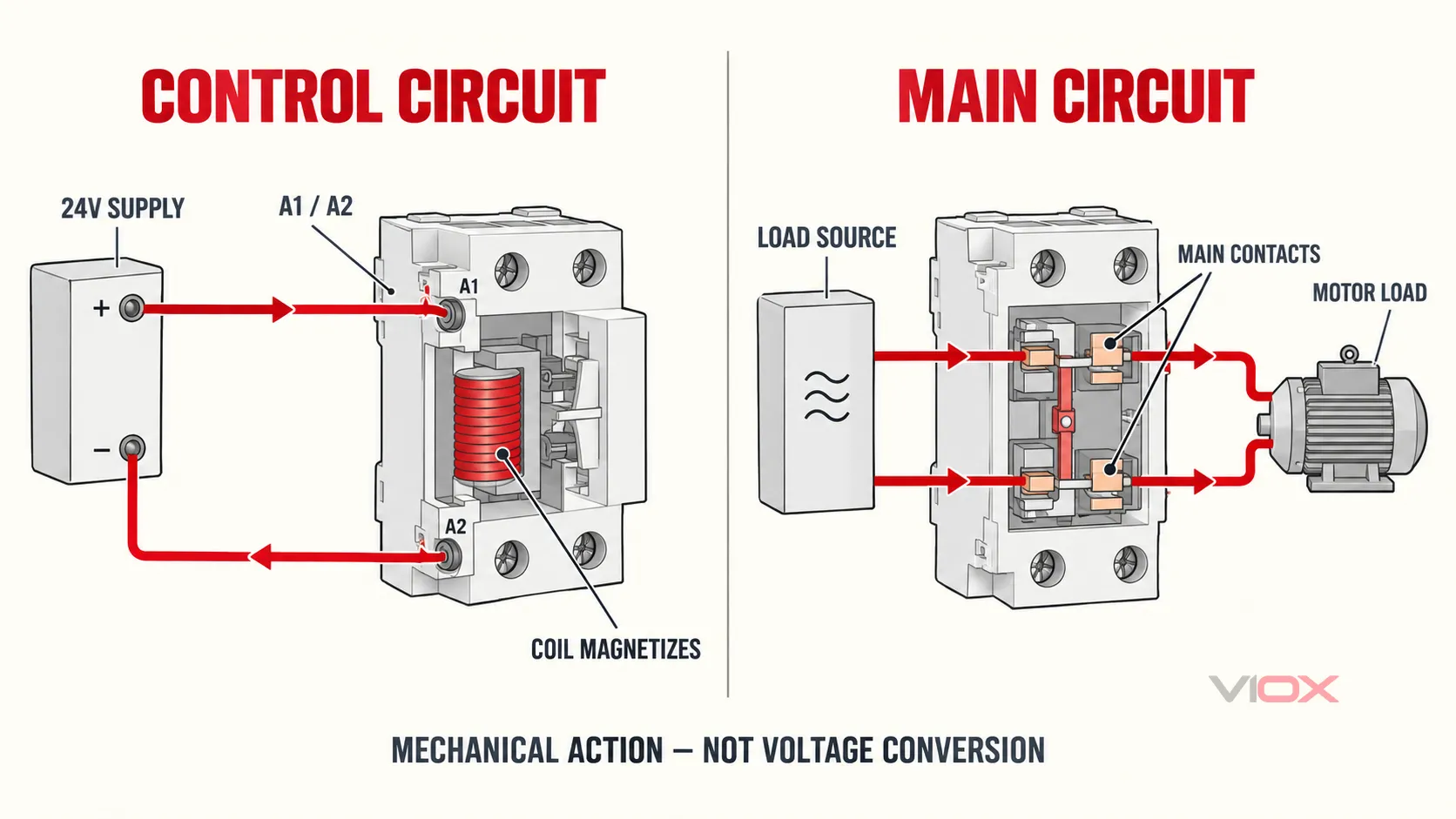 A real VIOX modular contactor between separate control and load circuit blocks