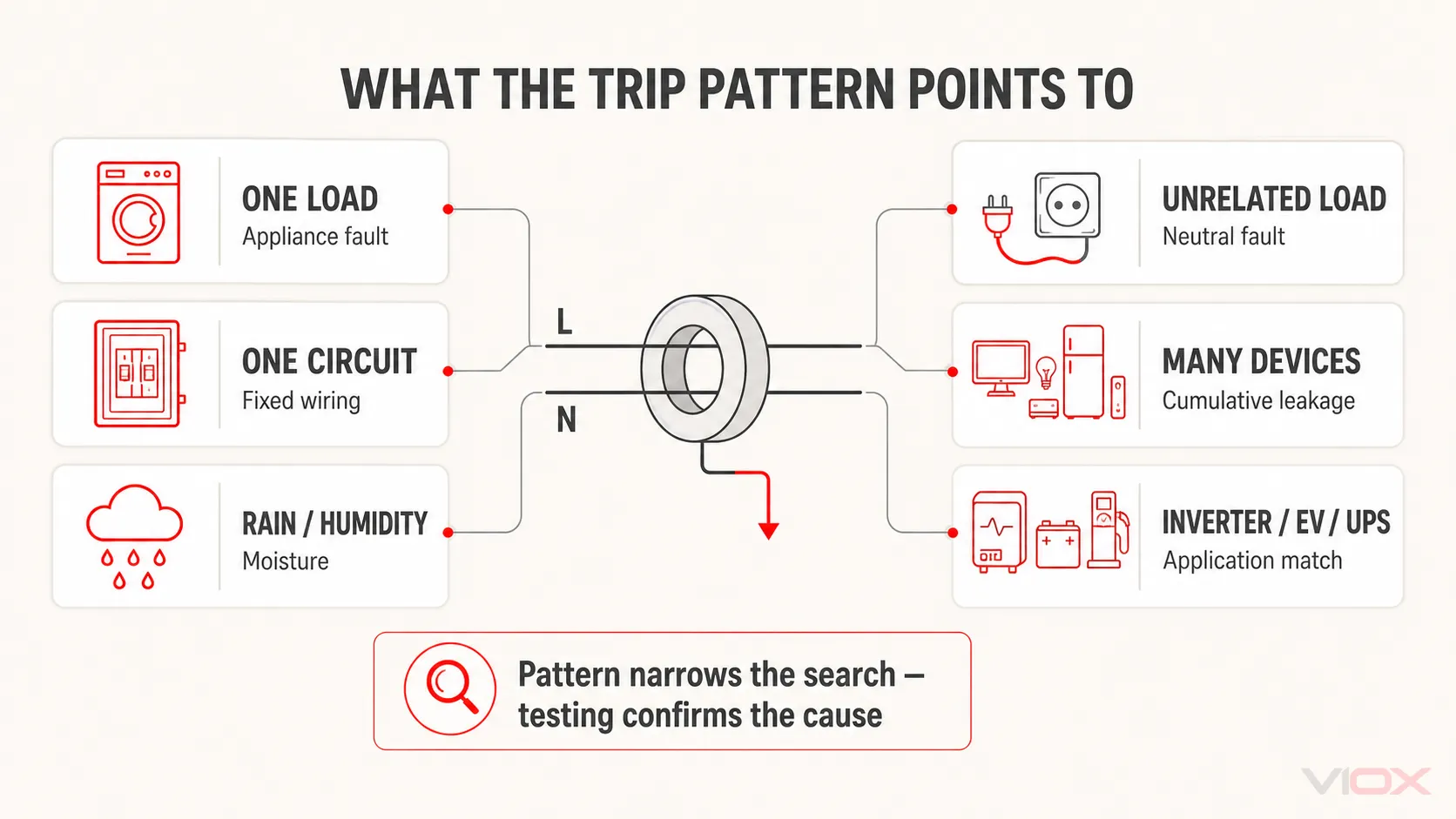 RCCB trip patterns linked to appliance, wiring, moisture, neutral, cumulative leakage and application causes.
