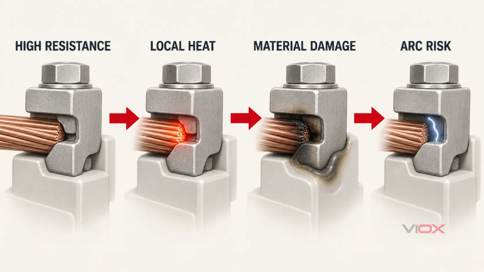 Conceptual failure chain from increased contact resistance to localized heat, material damage, and arcing risk