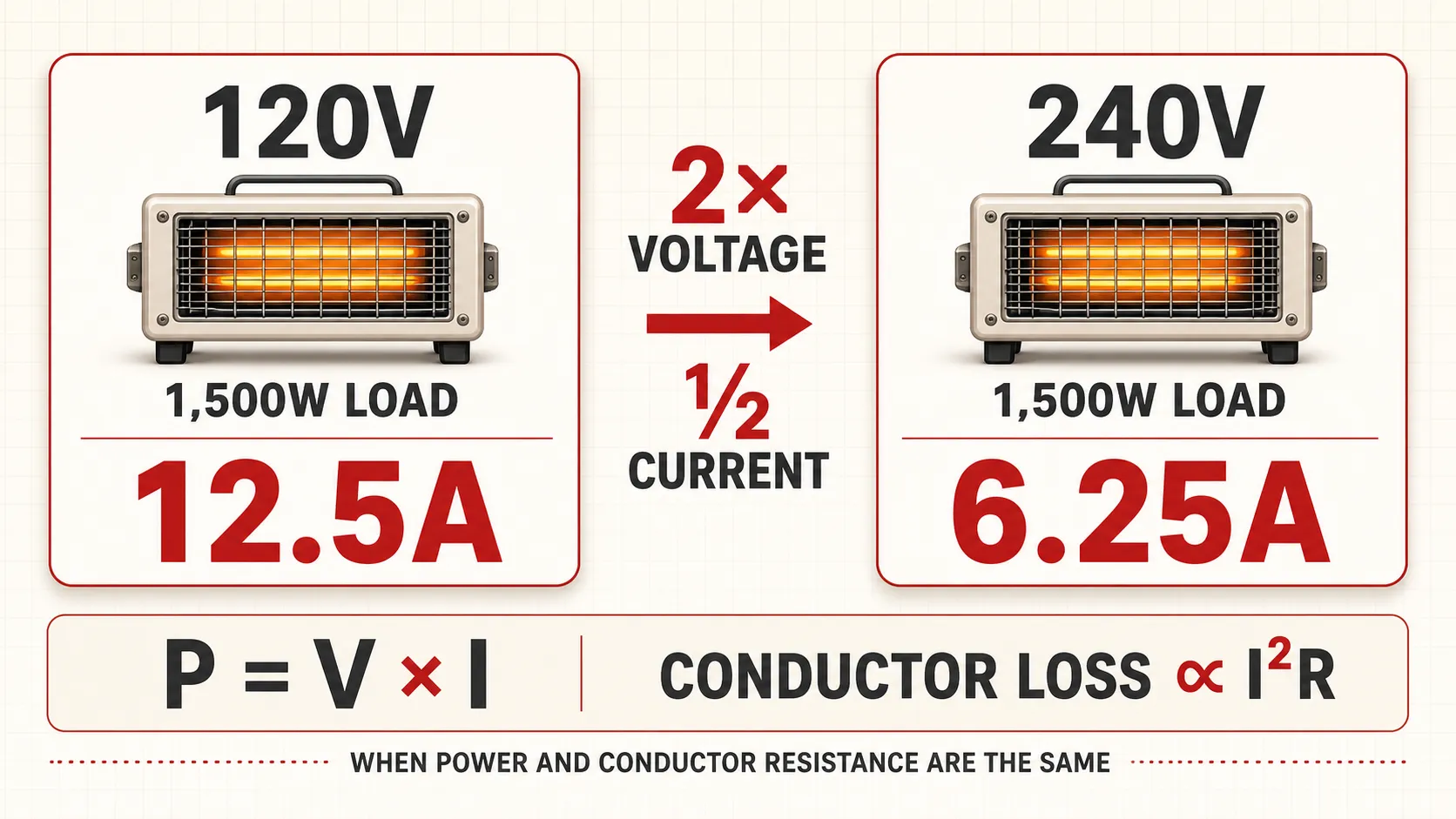 Current comparison for the same 1,500W load: 12.5A at 120V and 6.25A at 240V