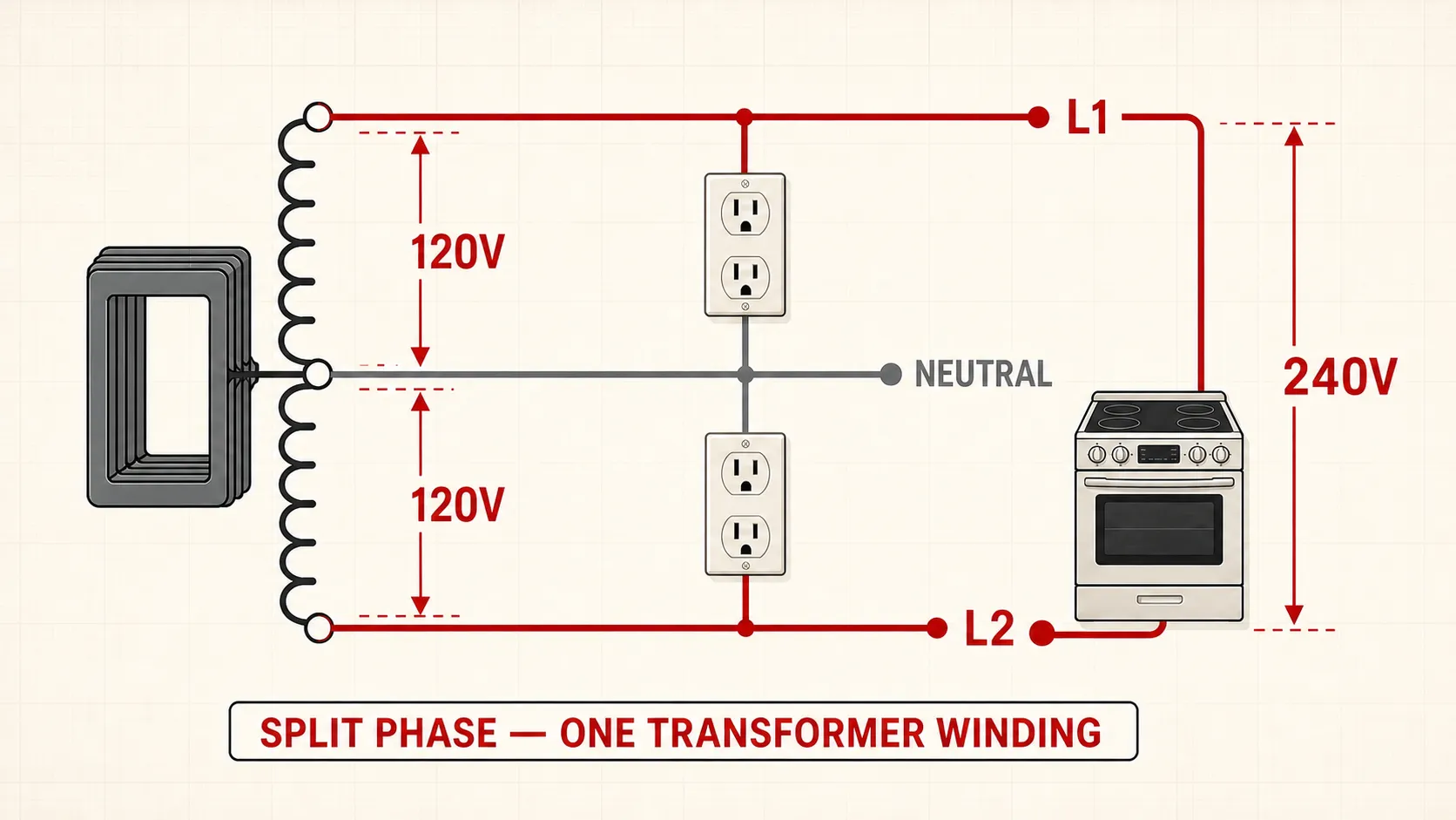 120/240V split-phase transformer diagram showing L1, L2, neutral, two 120V branches, and one 240V load