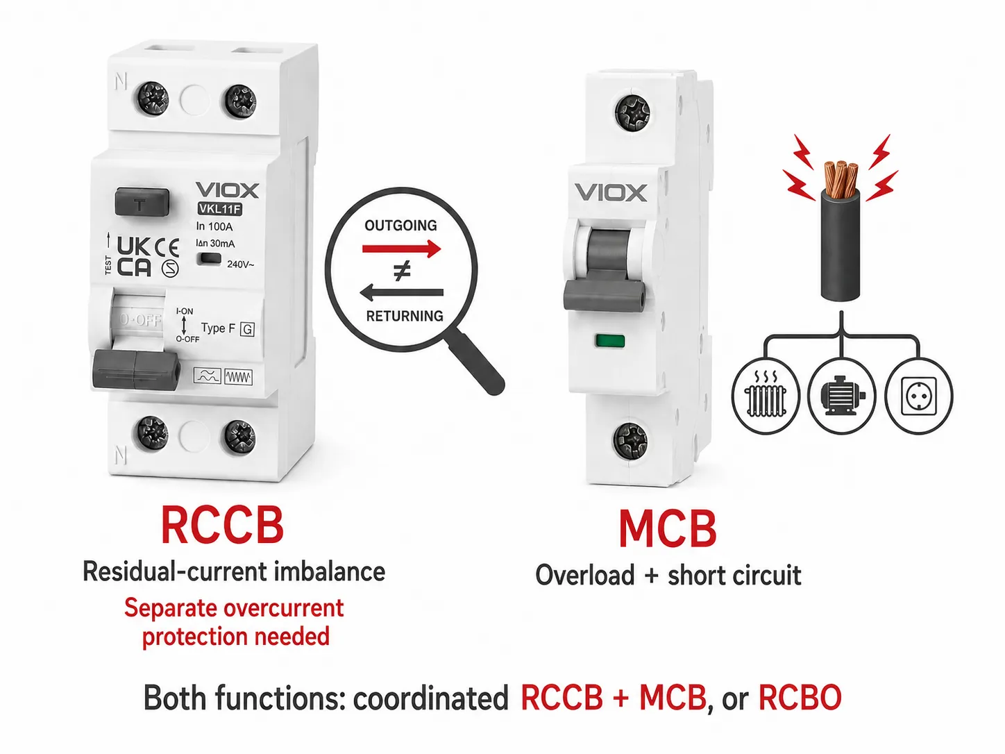 残留電流の不平衡と過負荷・短絡保護を示すVIOX RCCBおよびMCBの製品比較