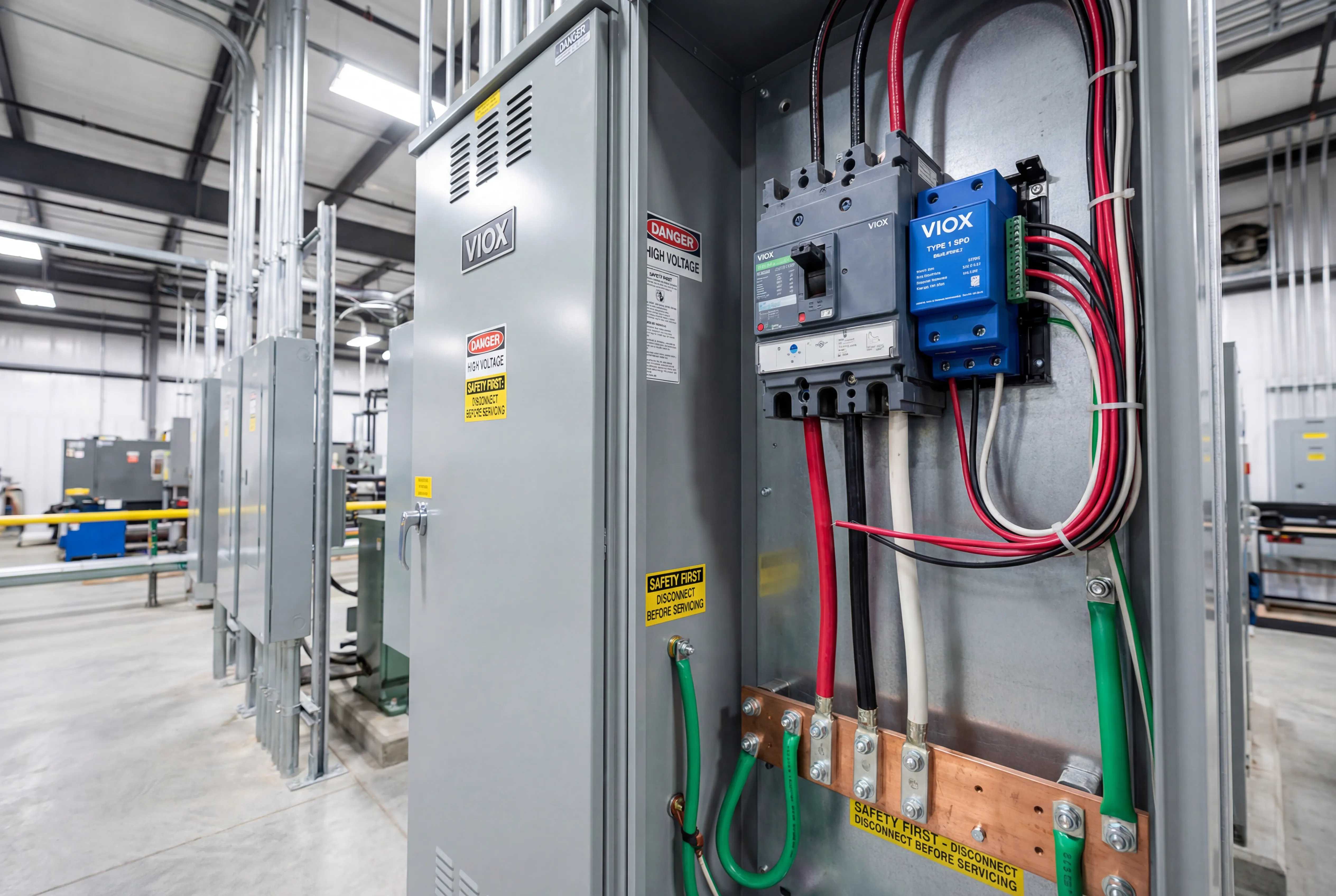 Širokoúhlý pohled na SPD VIOX typu 1 instalovanou na komerčním elektrickém vstupu