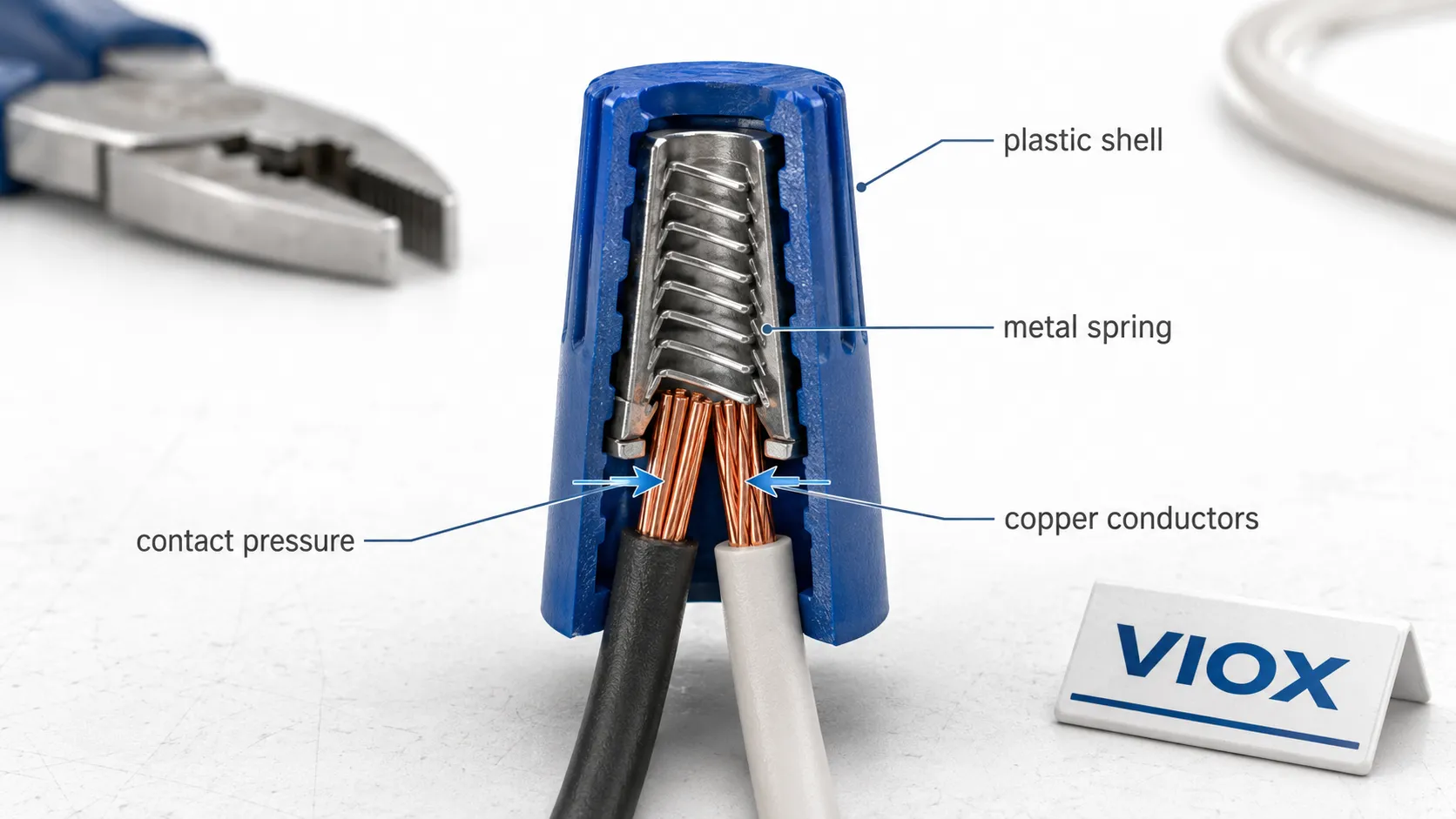 Wire nut internal spring structure gripping copper conductors.